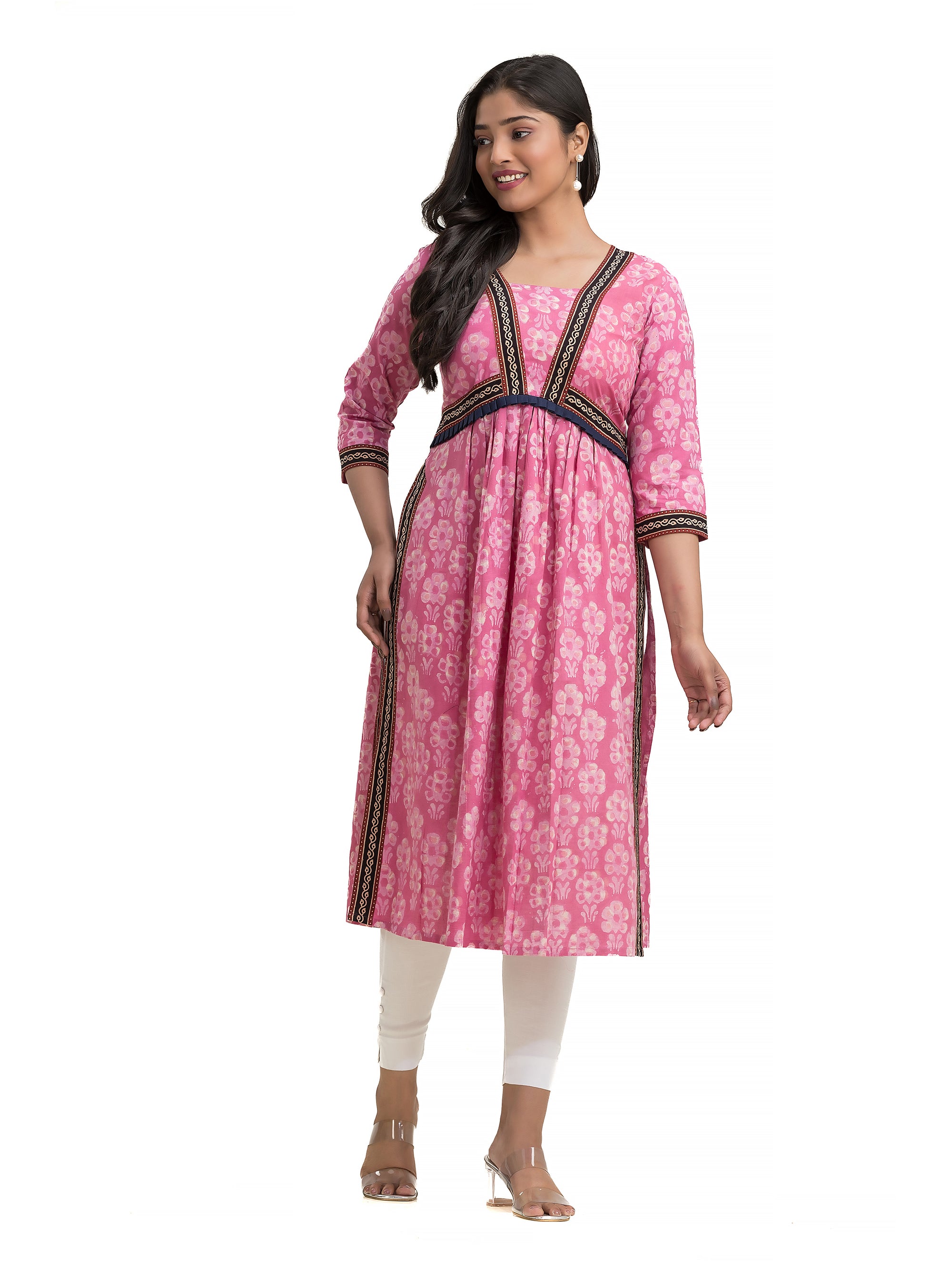 Pink Dabu Printed Nyra Cut Kurti with Ajrakh Lacework