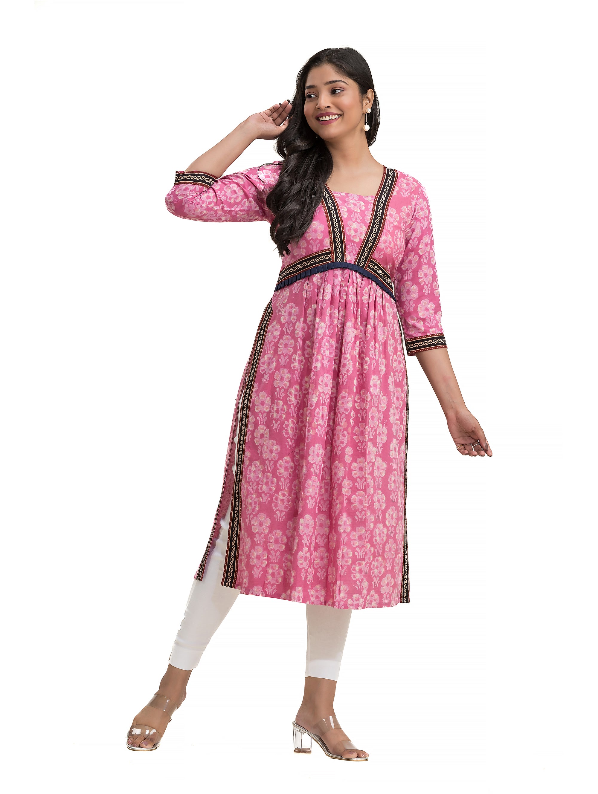 Pink Dabu Printed Nyra Cut Kurti with Ajrakh Lacework