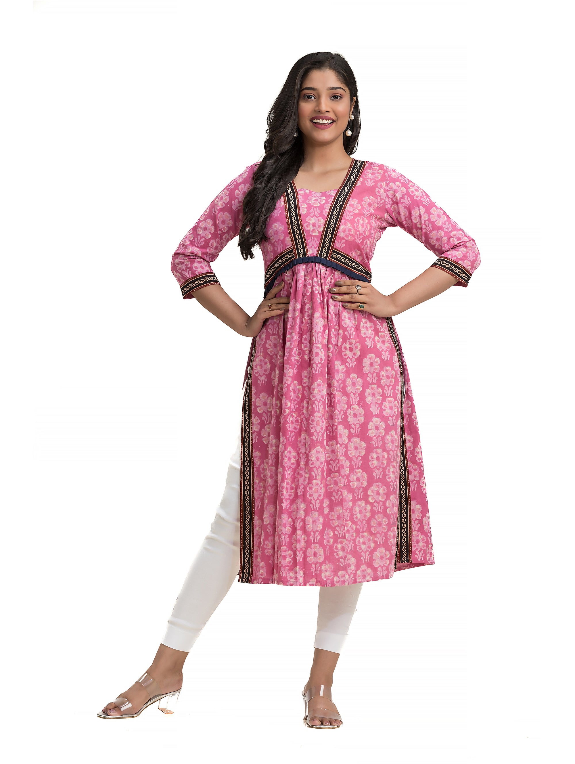 Pink Dabu Printed Nyra Cut Kurti with Ajrakh Lacework