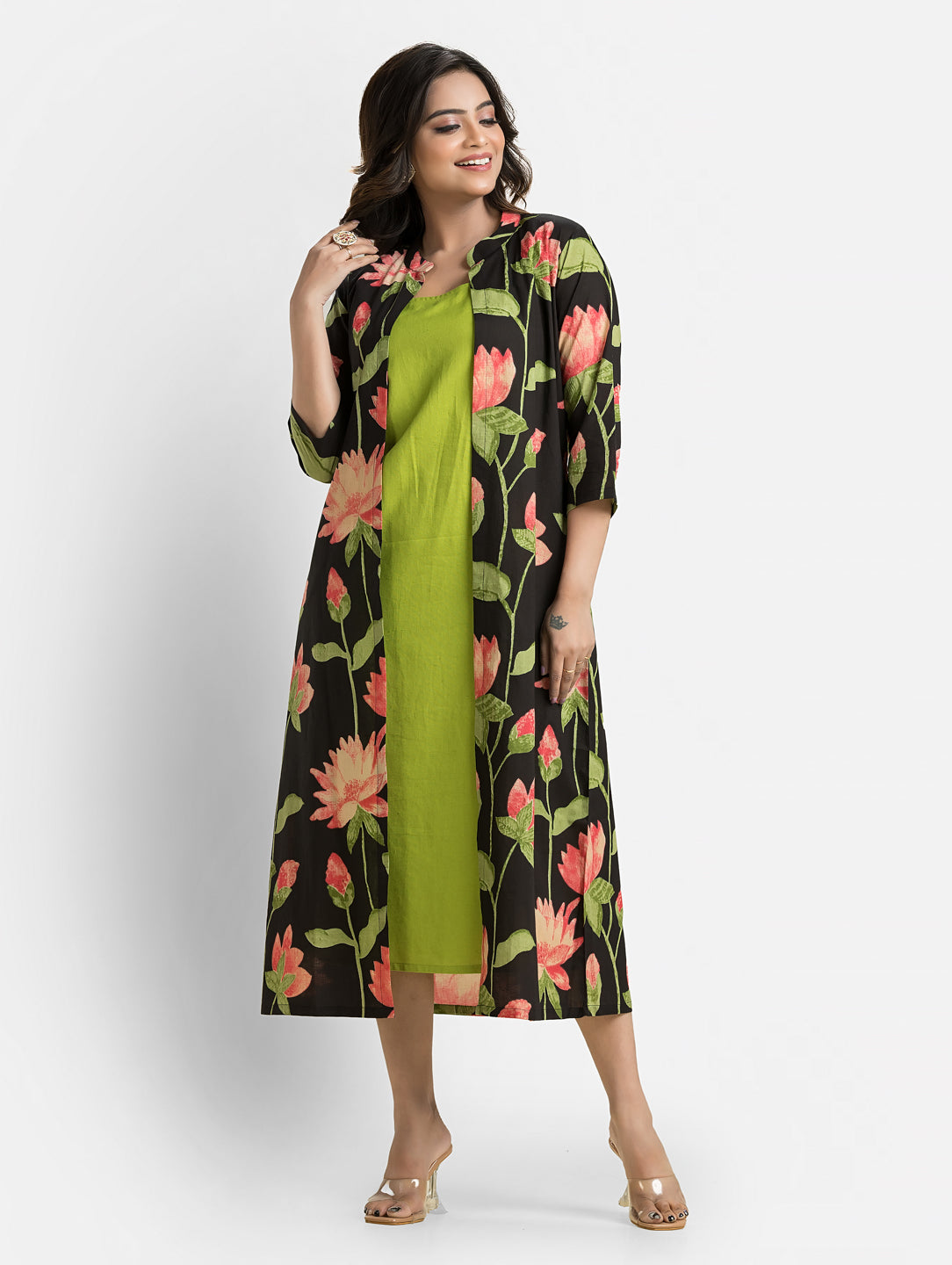 Women's Green Long Inner Dress With Black Jacket