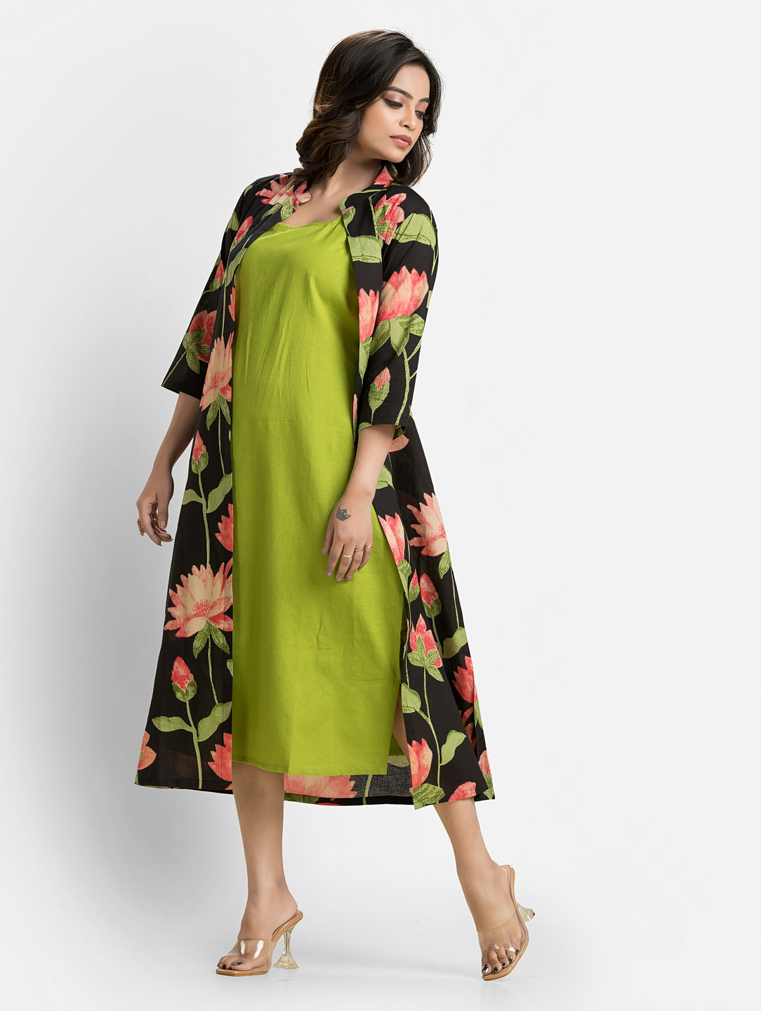 Women's Green Long Inner Dress With Black Jacket