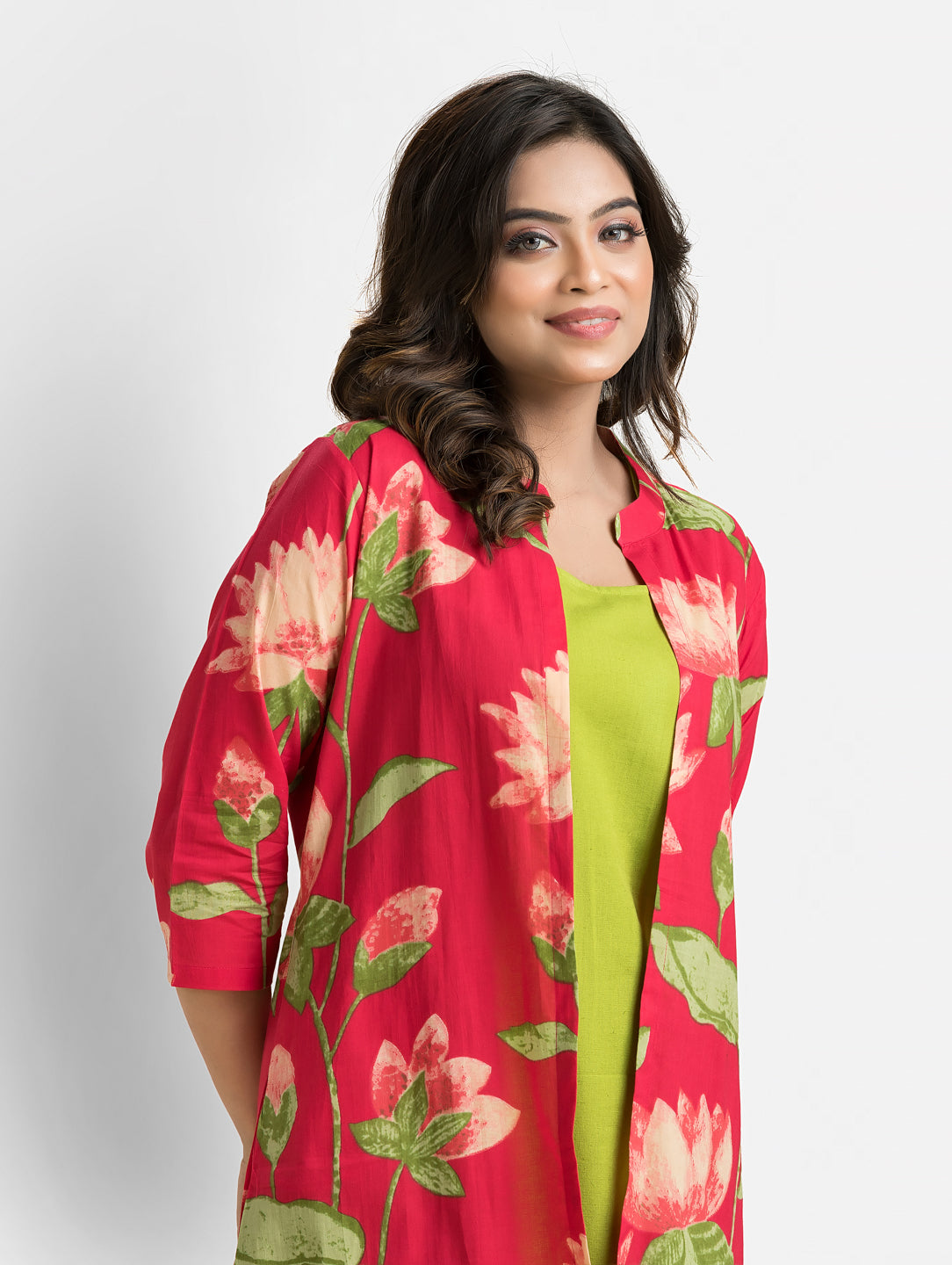 Women's Green Long Inner Dress With Red Shrug