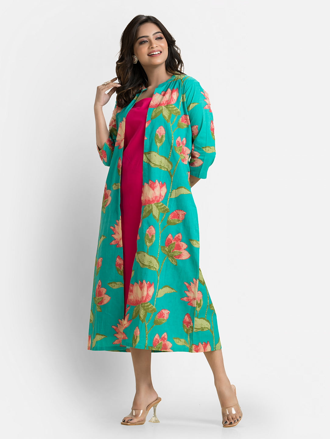 Women's Pink Long Inner Dress With Green Shrug