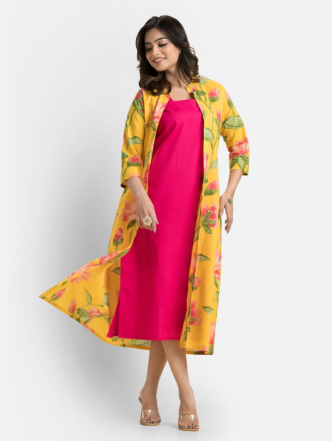 Women's Pink Long Inner Dress With Yellow Jacket