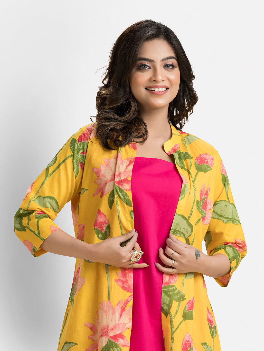 Women's Pink Long Inner Dress With Yellow Jacket