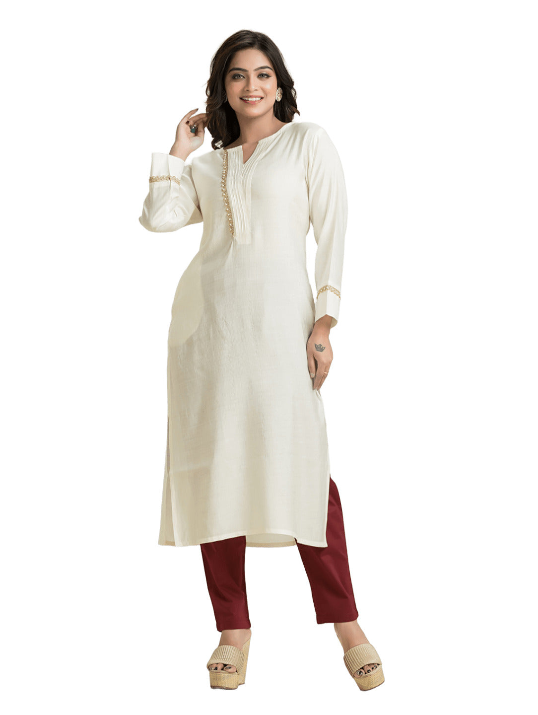 Women's White Pintuck Lacework Vertican Silk Kurti