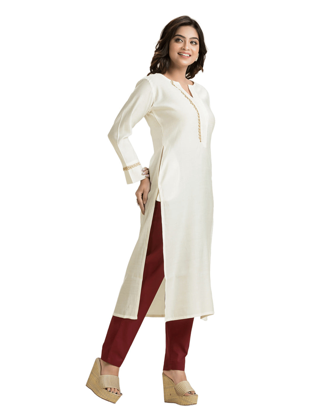 Women's White Pintuck Lacework Vertican Silk Kurti