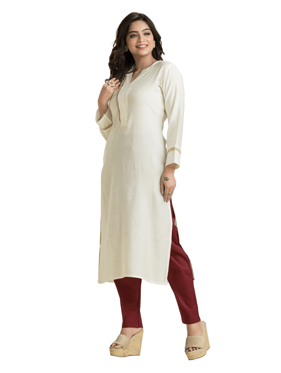 Women's White Pintuck Lacework Vertican Silk Kurti