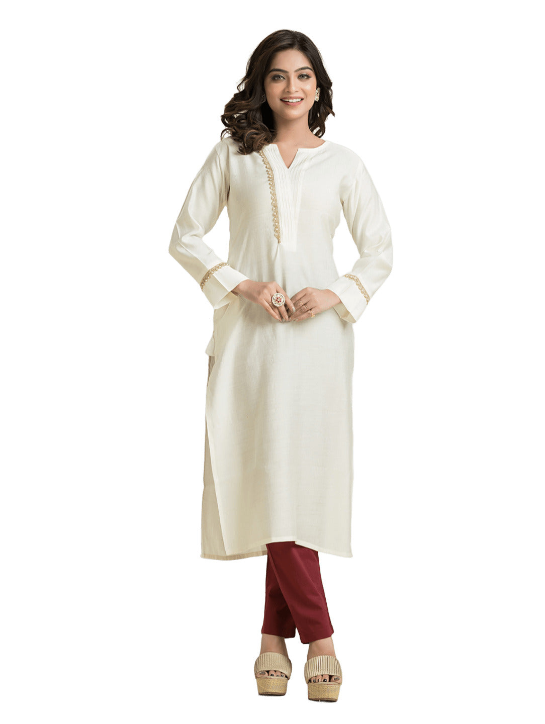 Women's White Pintuck Lacework Vertican Silk Kurti
