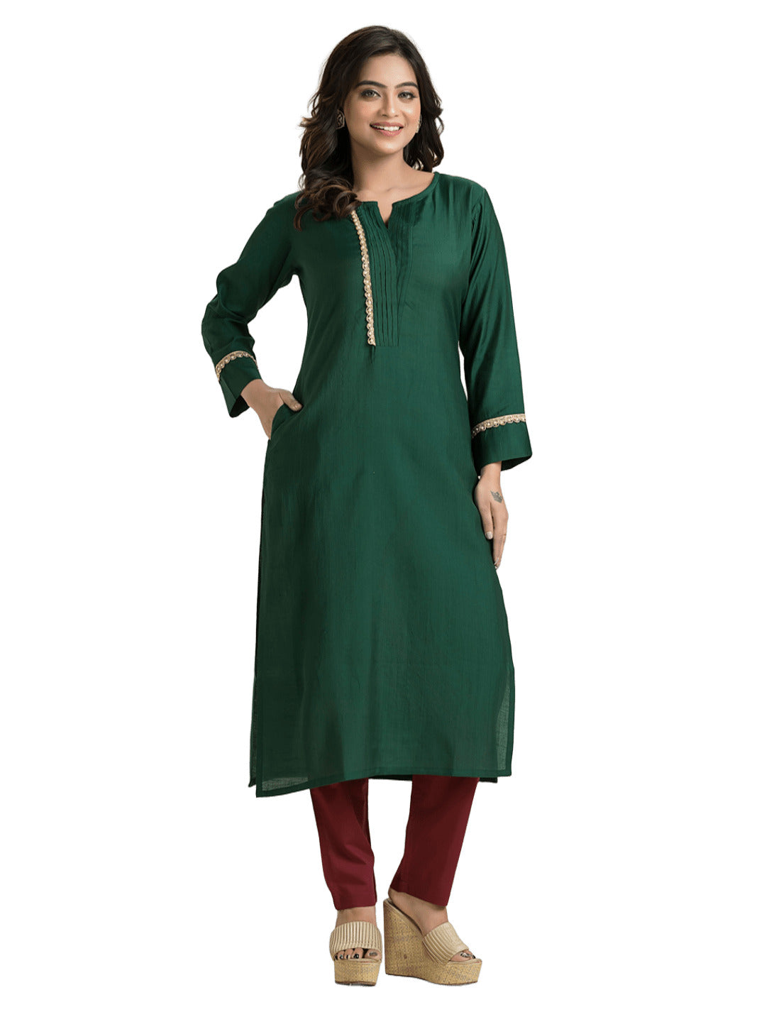 Women's Bottle Green Pintuck Lacework Vertican Silk Kurti