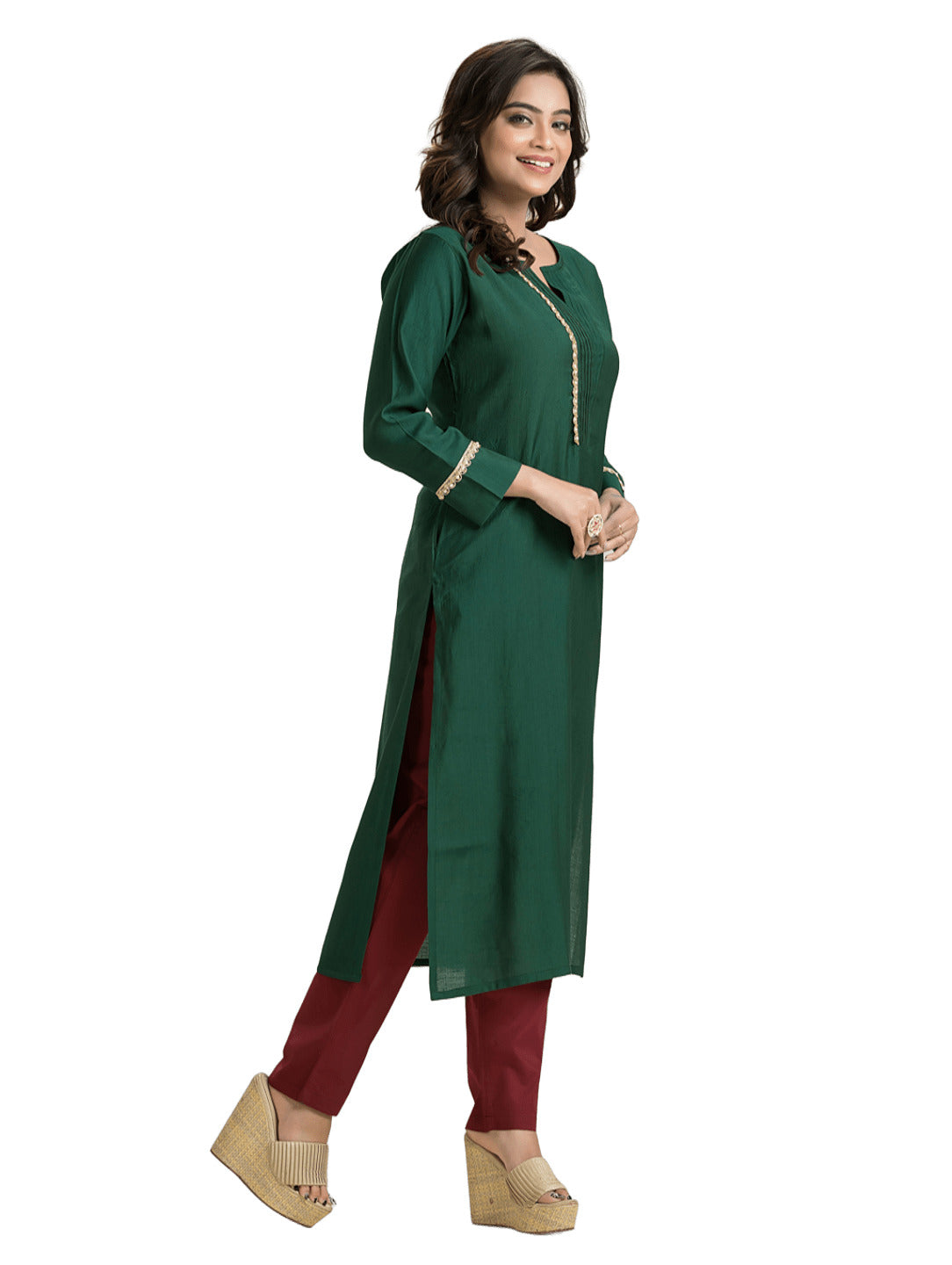 Women's Bottle Green Pintuck Lacework Vertican Silk Kurti