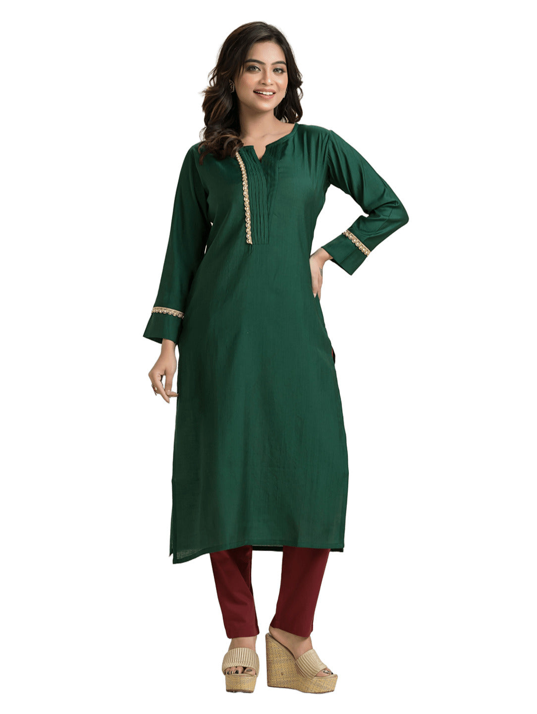 Women's Bottle Green Pintuck Lacework Vertican Silk Kurti