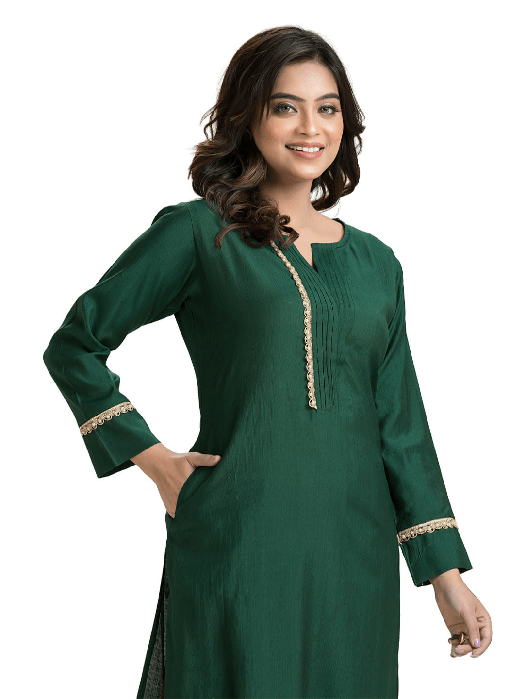 Women's Bottle Green Pintuck Lacework Vertican Silk Kurti