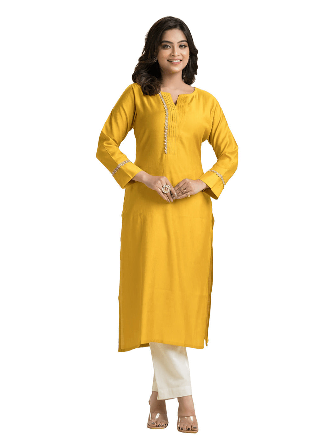 Women's Yellow Pintuck Lacework Vertican Silk Kurti