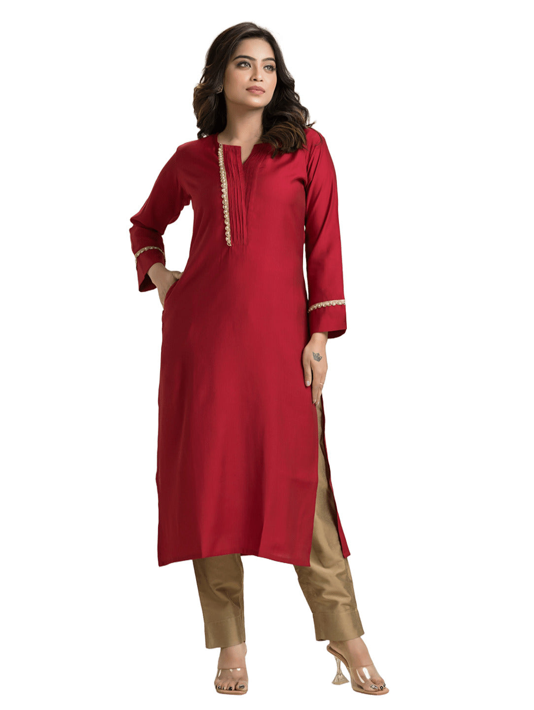 Women's Red Pintuck Lacework Vertican Silk Kurti