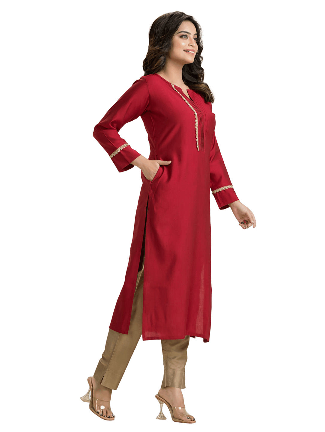Women's Red Pintuck Lacework Vertican Silk Kurti
