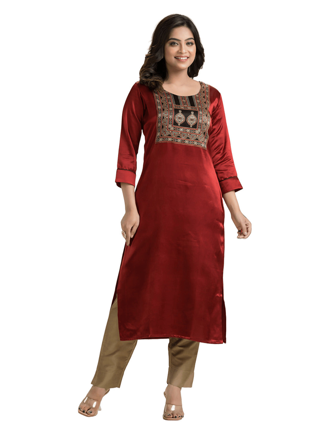 Women's Red Mashu Silk Patchwork Kurti