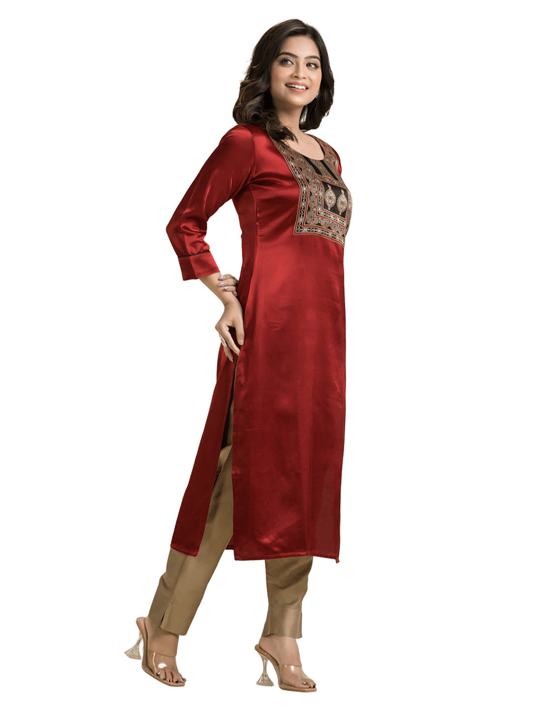 Women's Red Mashu Silk Patchwork Kurti
