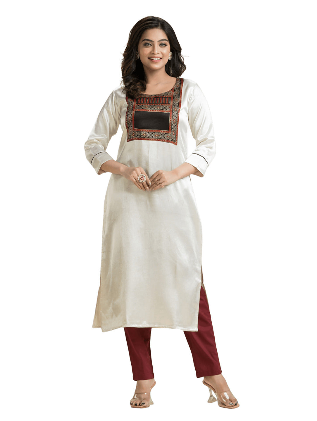 Women's White Mashu Silk Patchwork Kurti