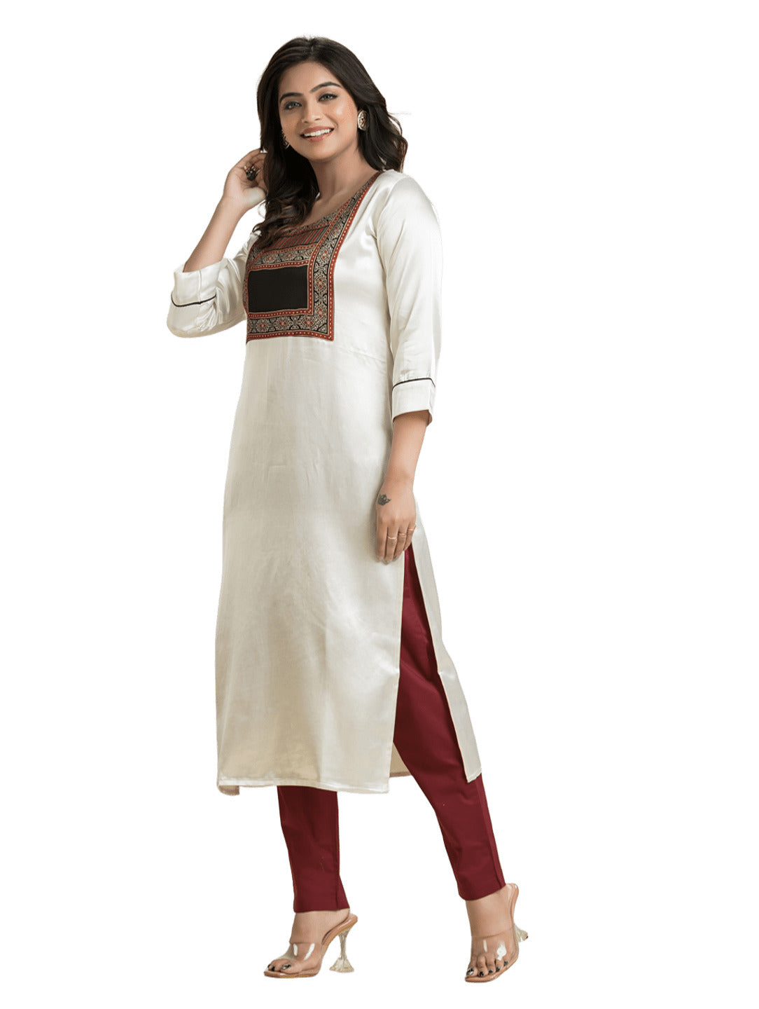 Women's White Mashu Silk Patchwork Kurti