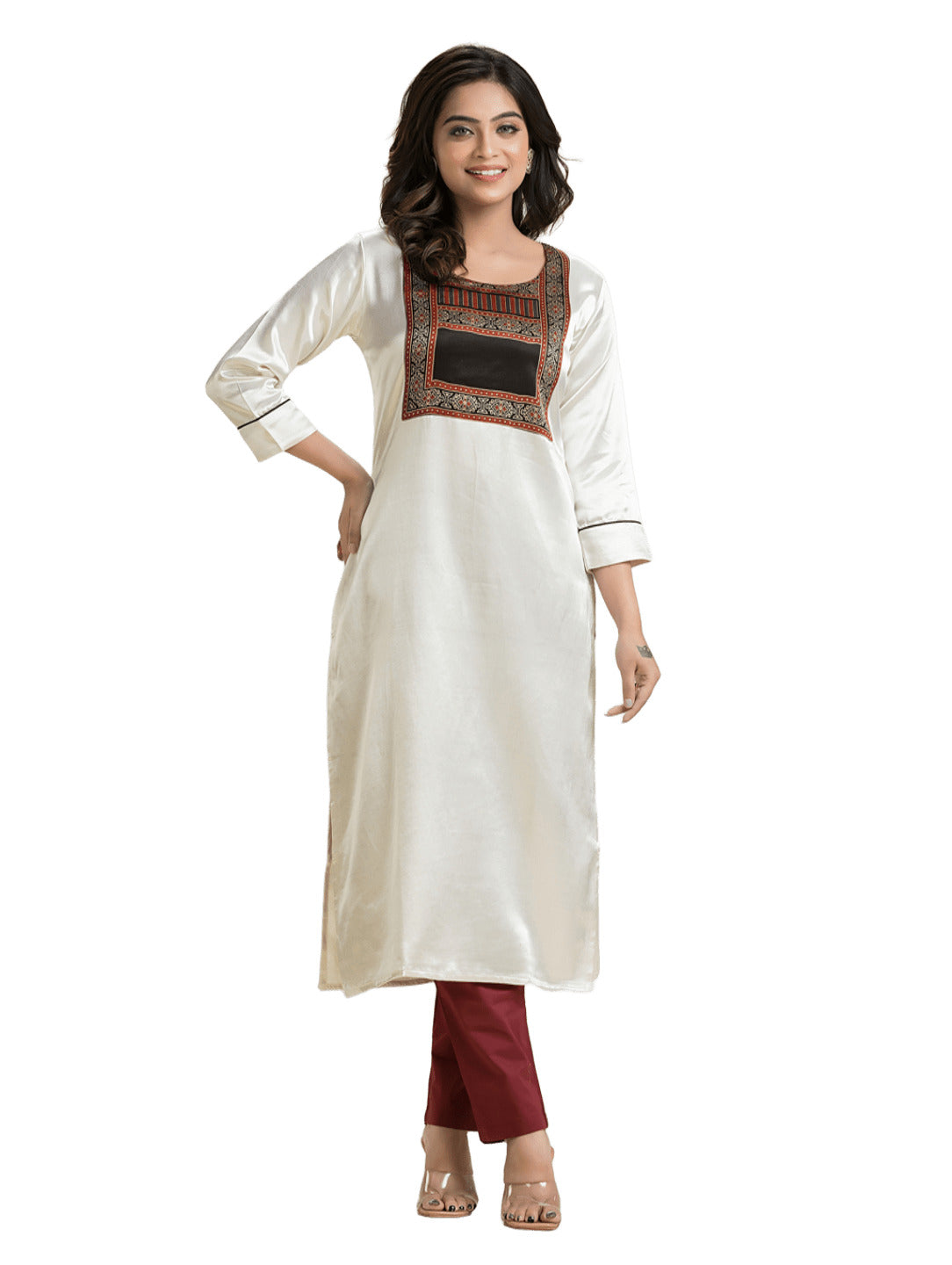 Women's White Mashu Silk Patchwork Kurti