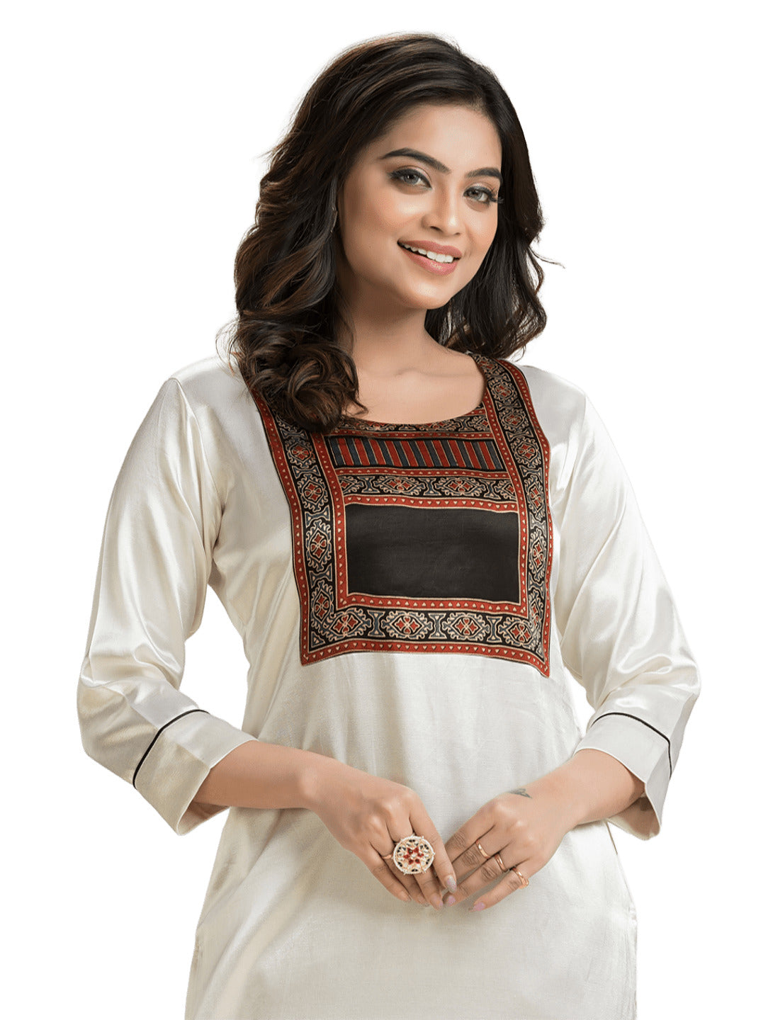 Women's White Mashu Silk Patchwork Kurti