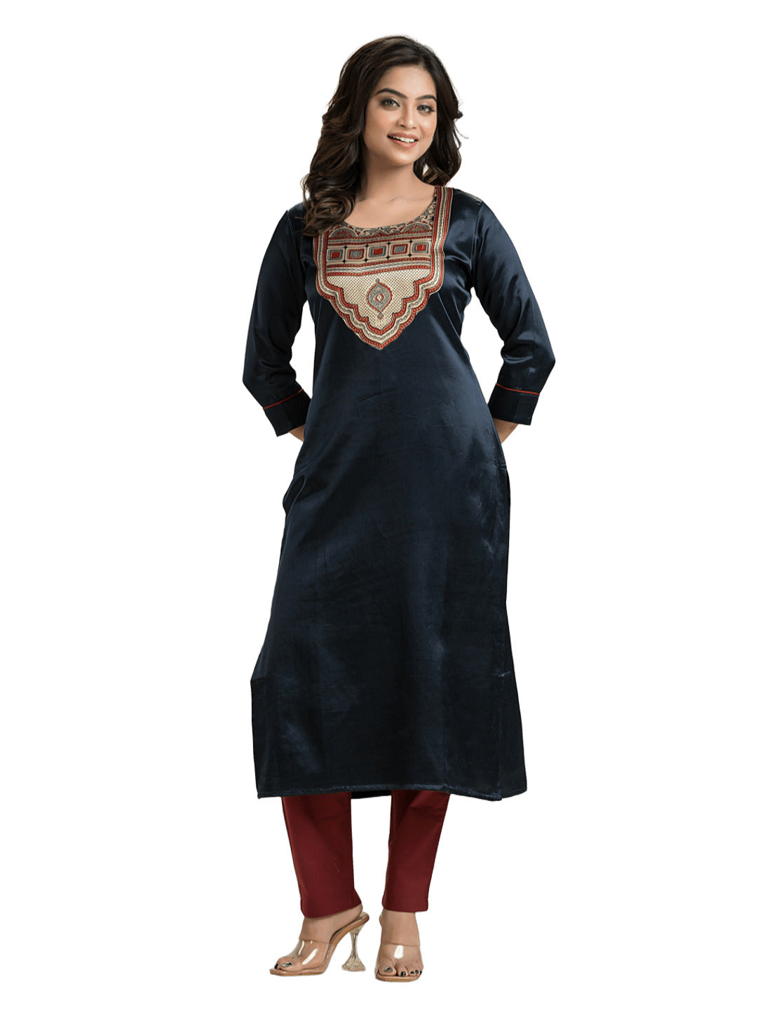 Women's Blue Mashu Silk Patchwork Kurti