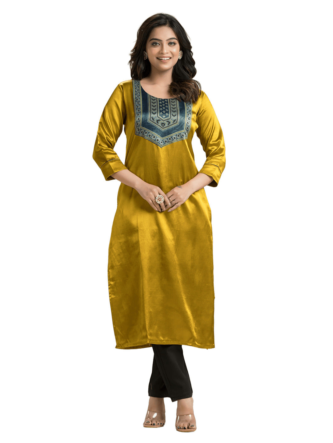 Women's Yellow Mashu Silk Patchwork Kurti
