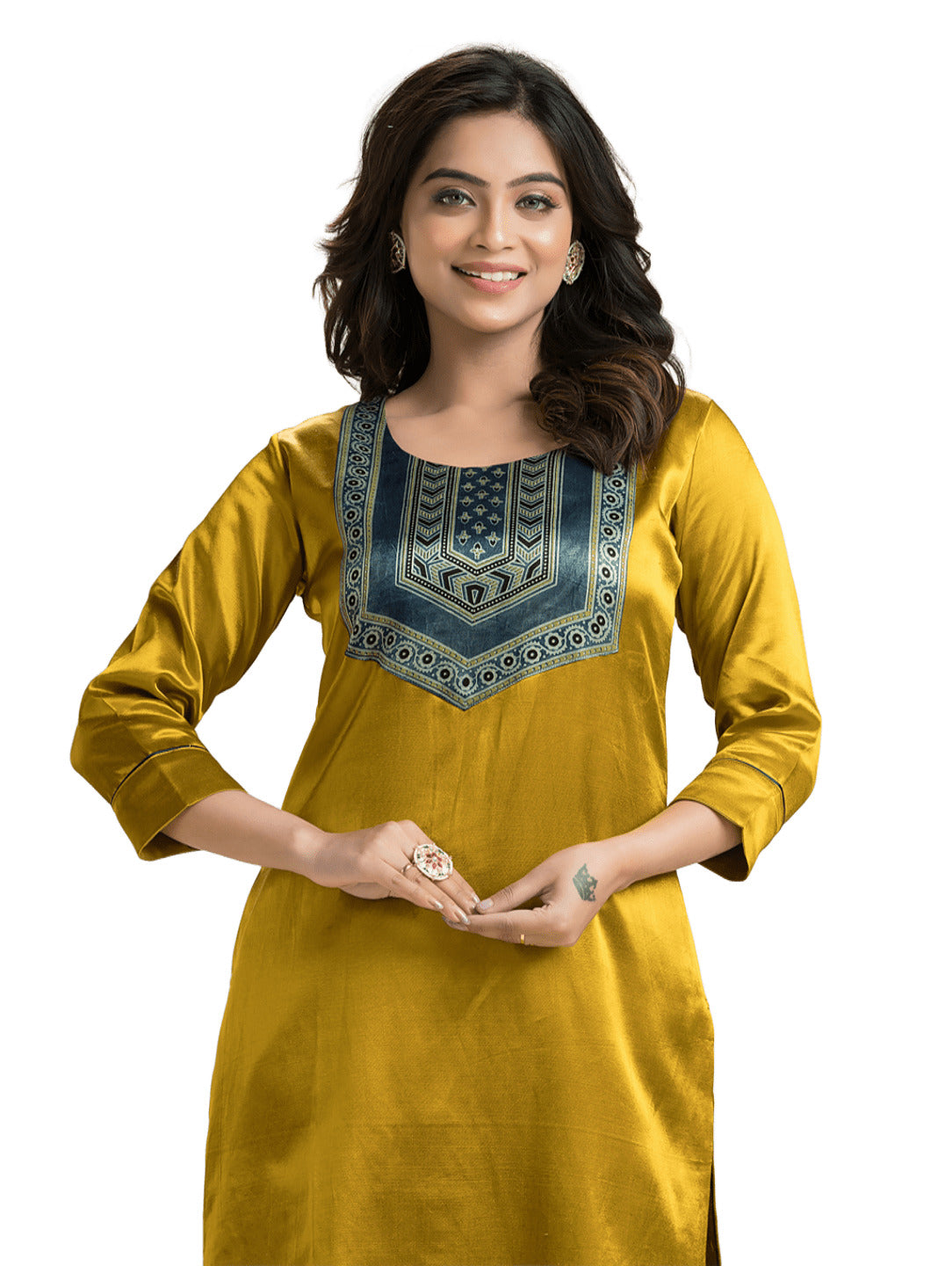 Women's Yellow Mashu Silk Patchwork Kurti