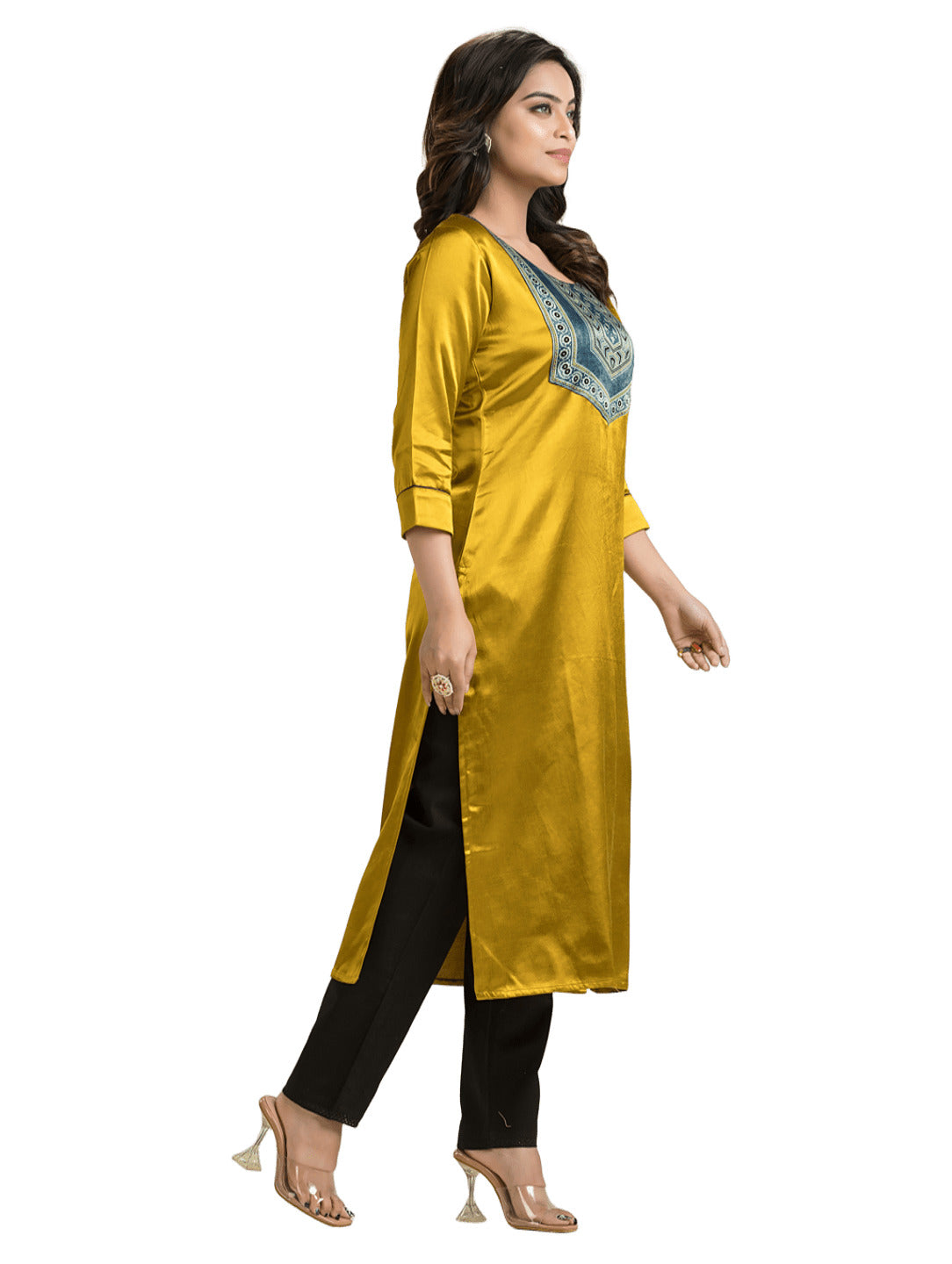 Women's Yellow Mashu Silk Patchwork Kurti