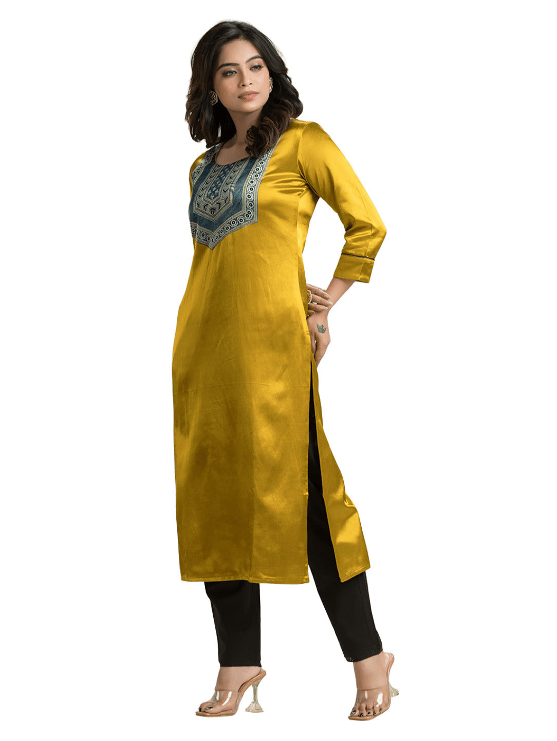 Women's Yellow Mashu Silk Patchwork Kurti
