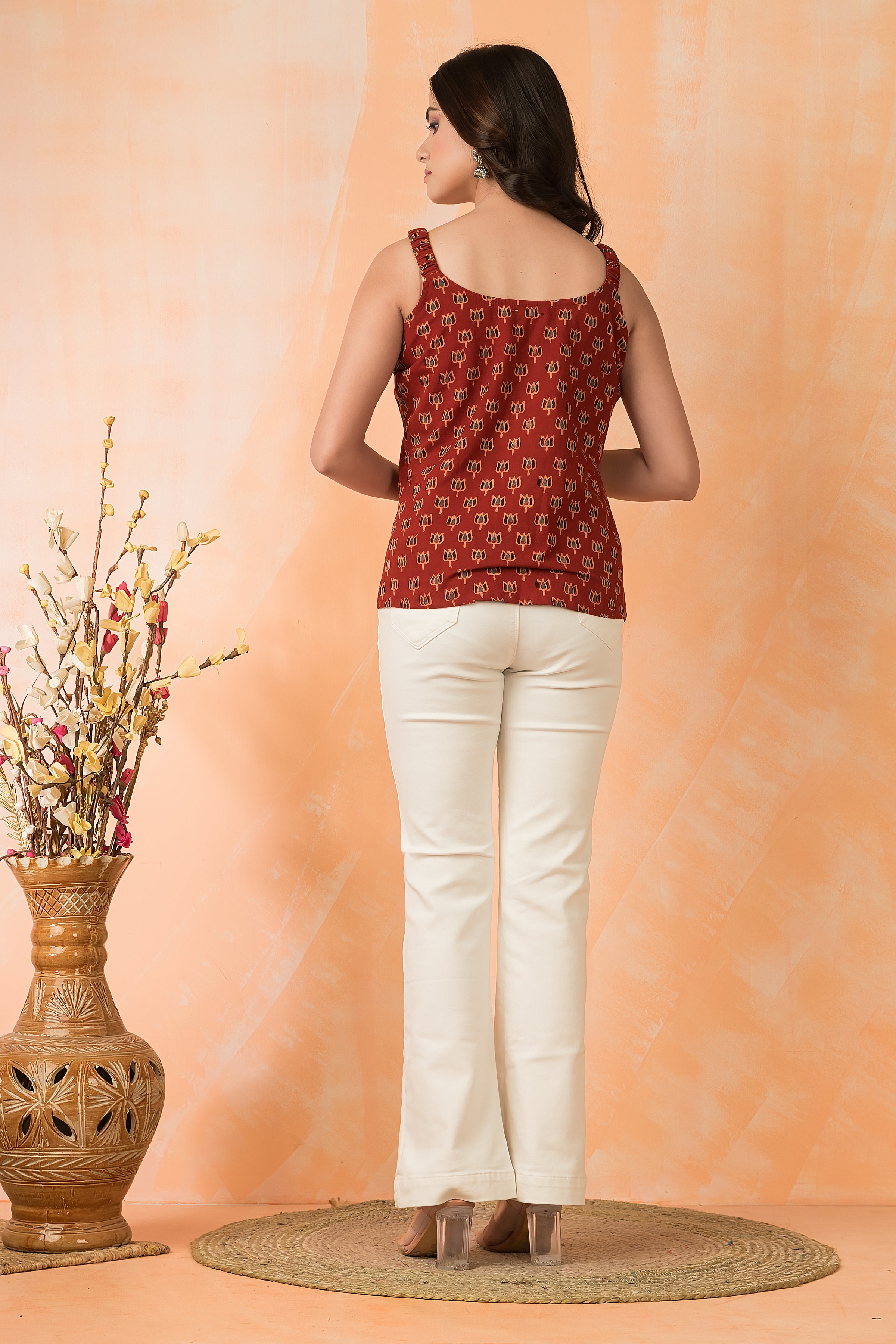 Women's Cotton Floral Printed Red Noodle Top