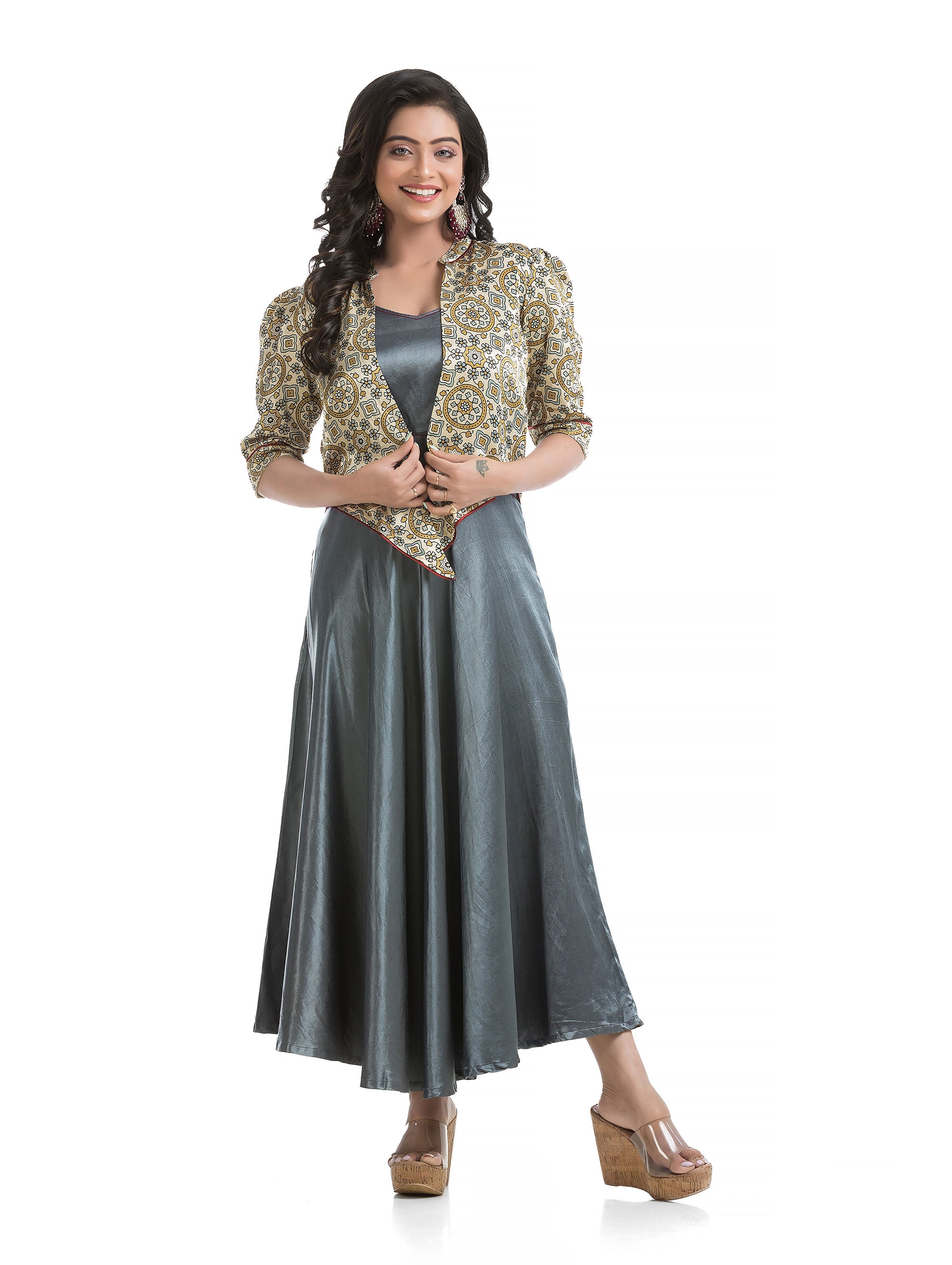 V-Neck Silk Dress with White Block Printed Floral Jacket