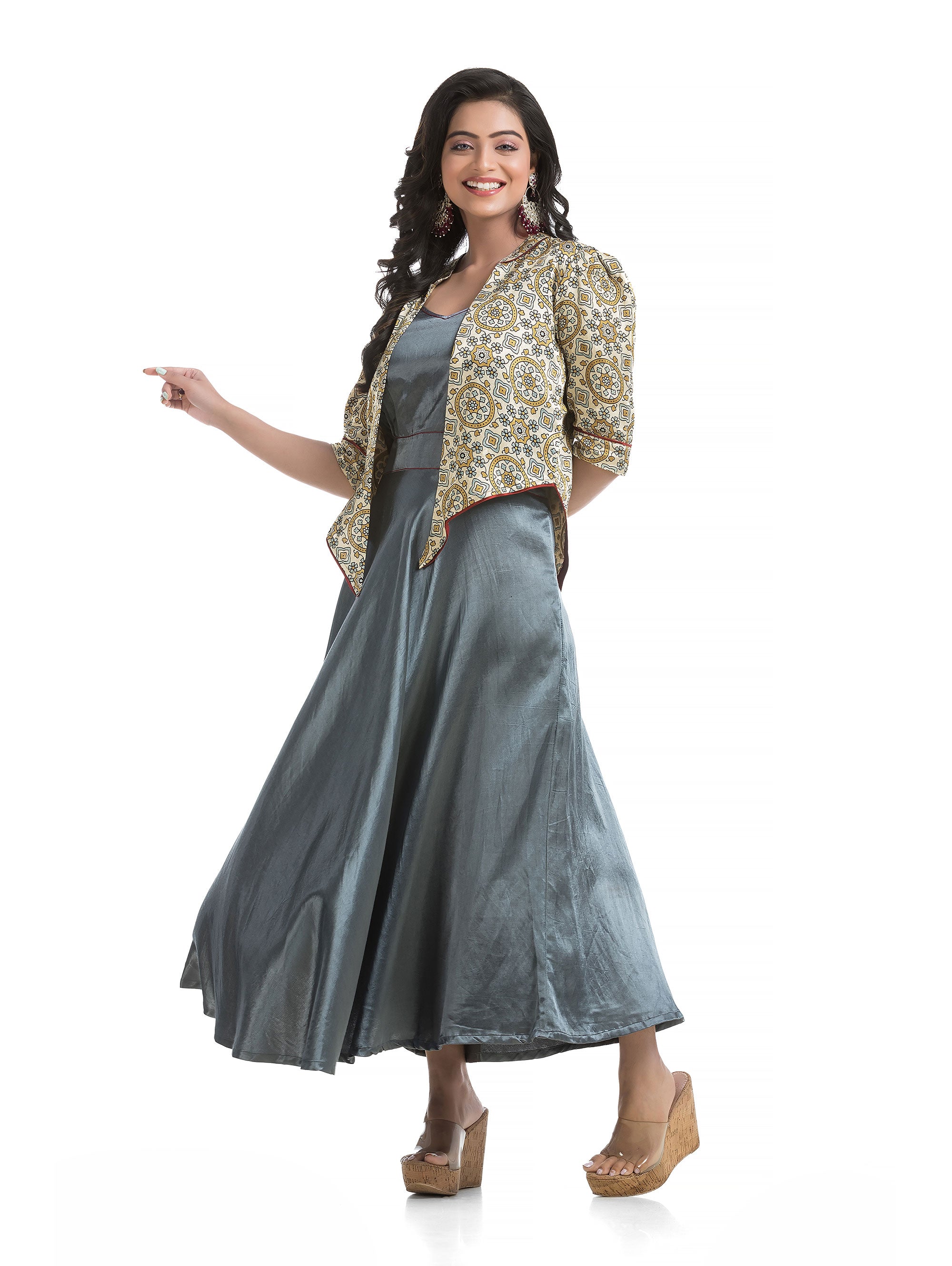 V-Neck Silk Dress with White Block Printed Floral Jacket - Crazy Needle Online