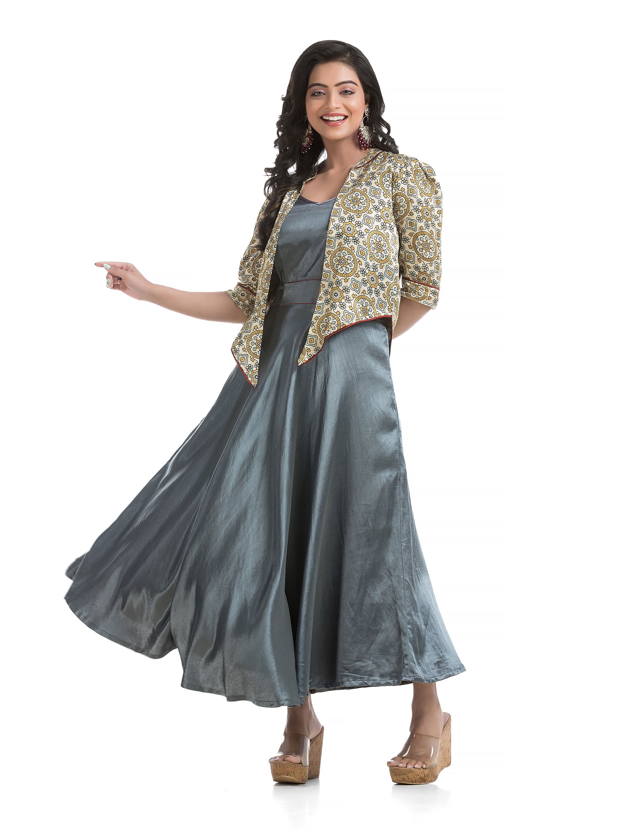 V-Neck Silk Dress with White Block Printed Floral Jacket - Crazy Needle Online