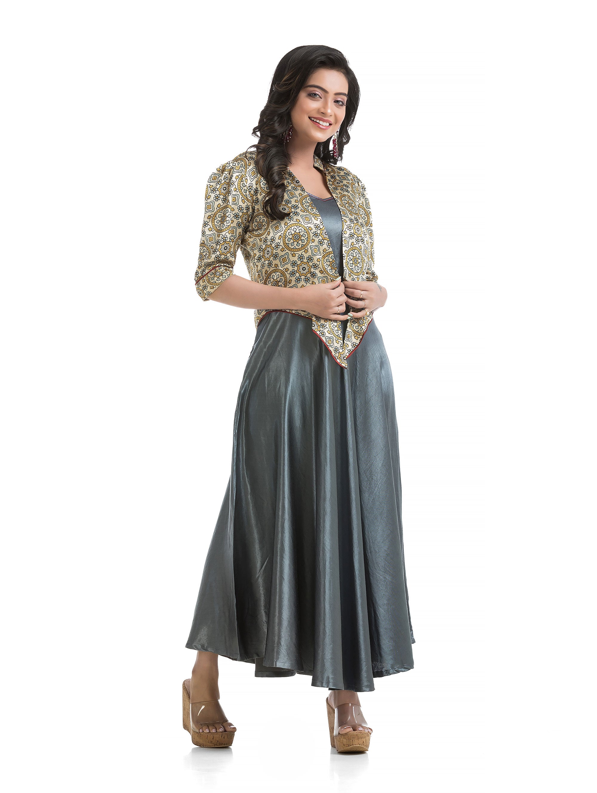 V-Neck Silk Dress with White Block Printed Floral Jacket