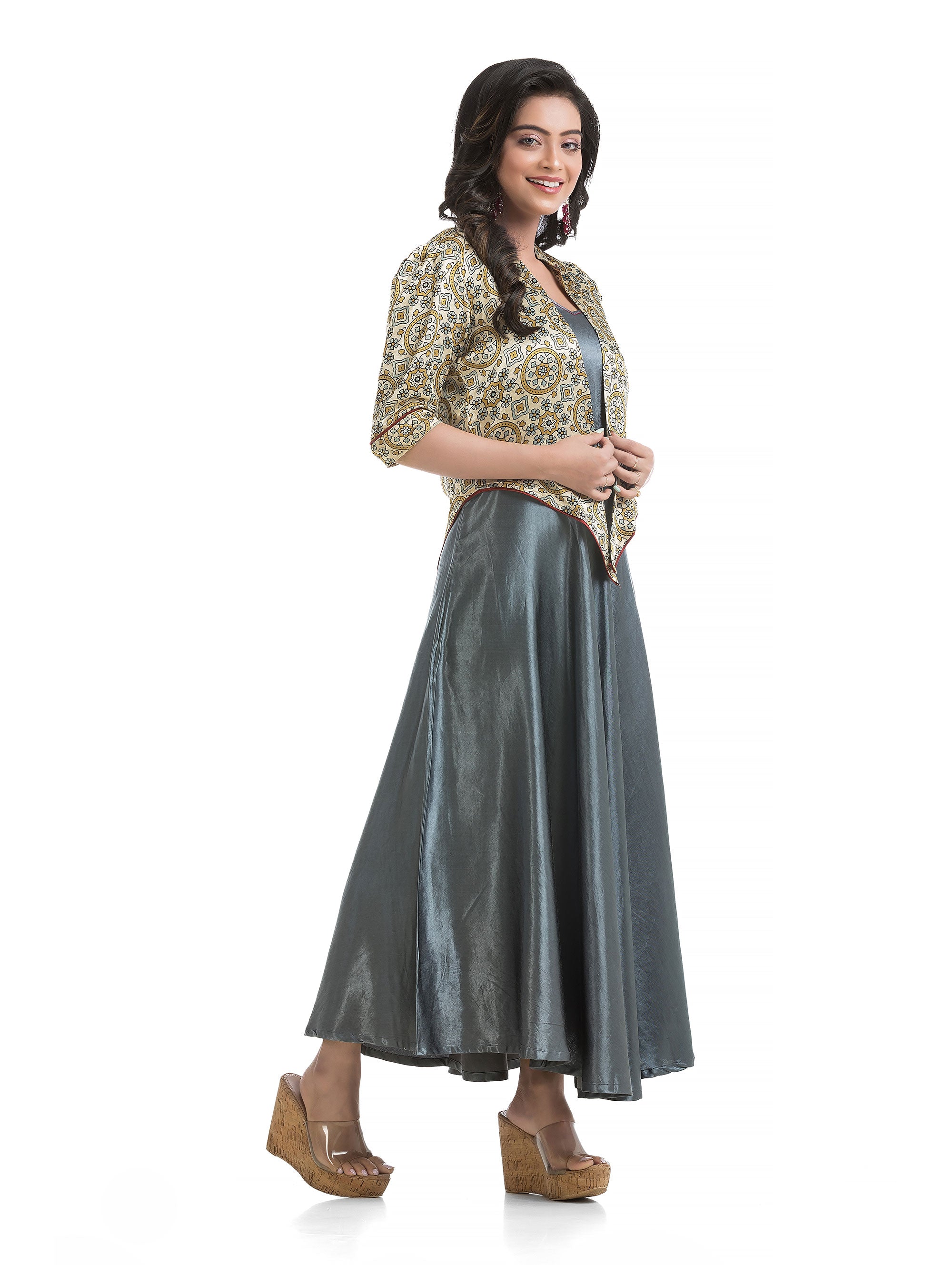 V-Neck Silk Dress with White Block Printed Floral Jacket