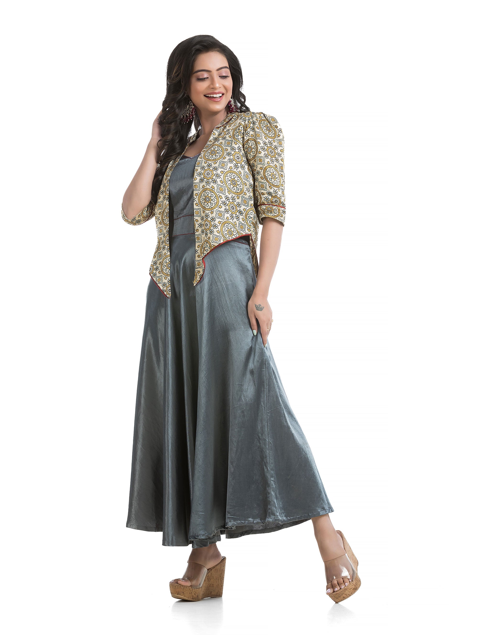 V-Neck Silk Dress with White Block Printed Floral Jacket