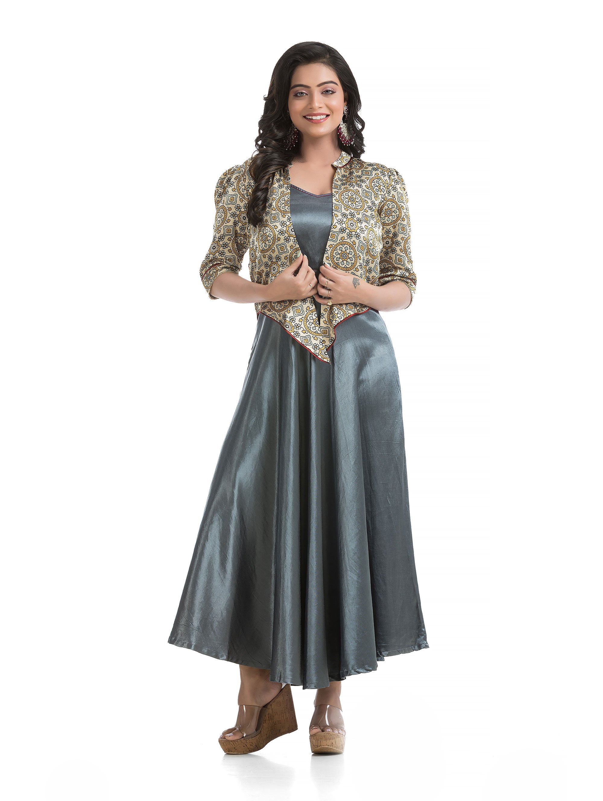 V-Neck Silk Dress with White Block Printed Floral Jacket