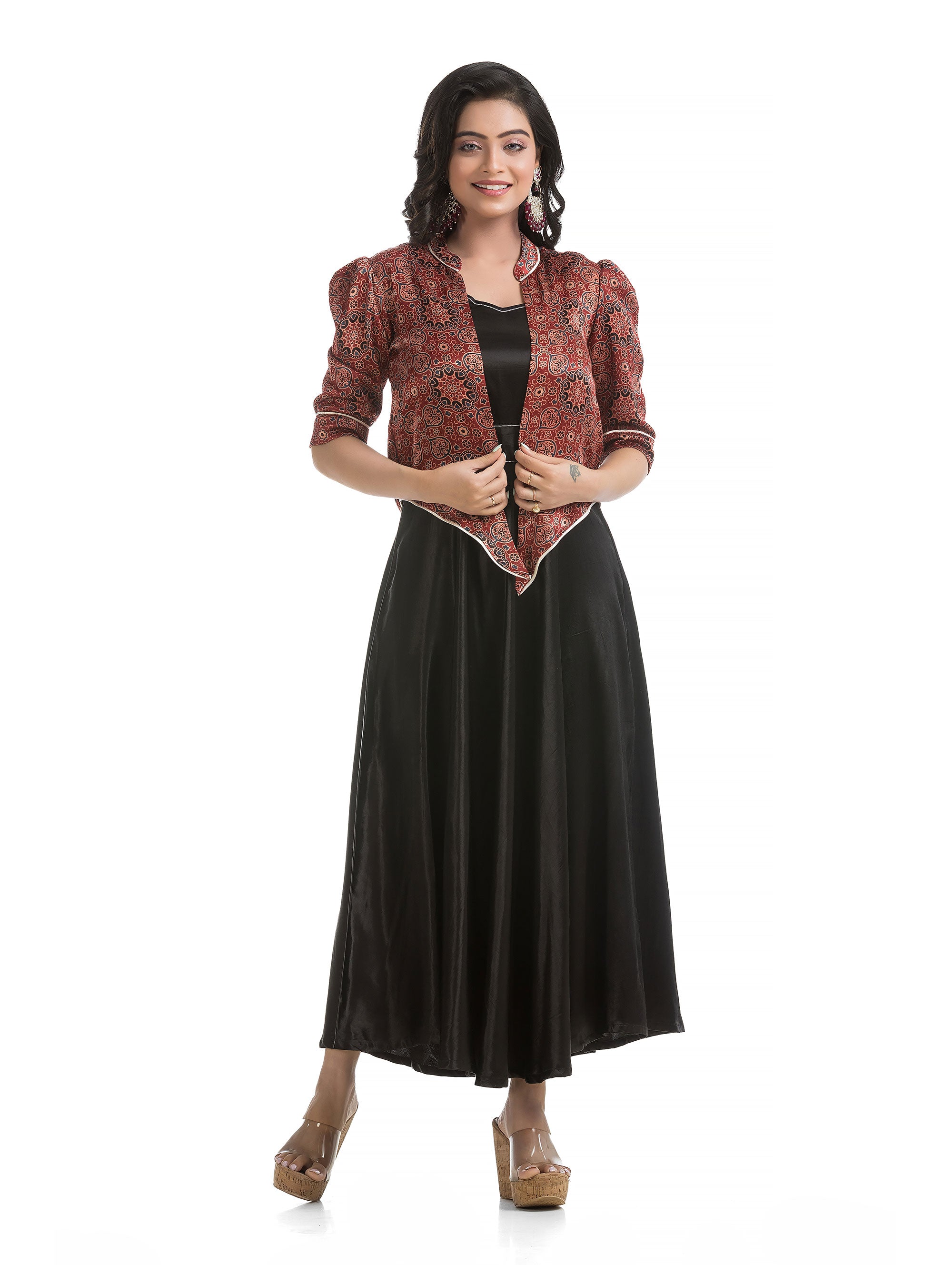 Black Zipper Silk Dress with Asymmetric Jacket