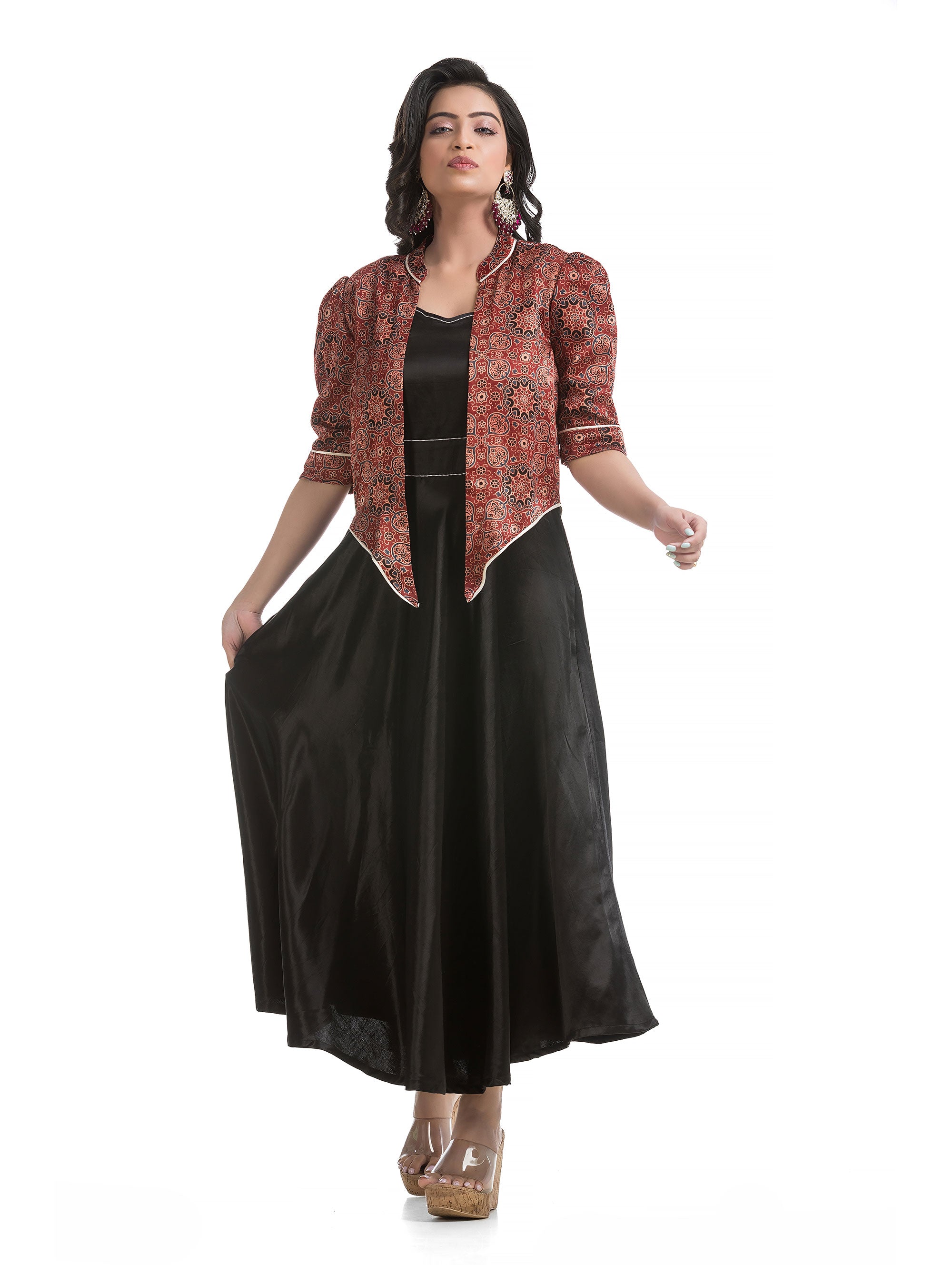 Black Zipper Silk Dress with Asymmetric Jacket