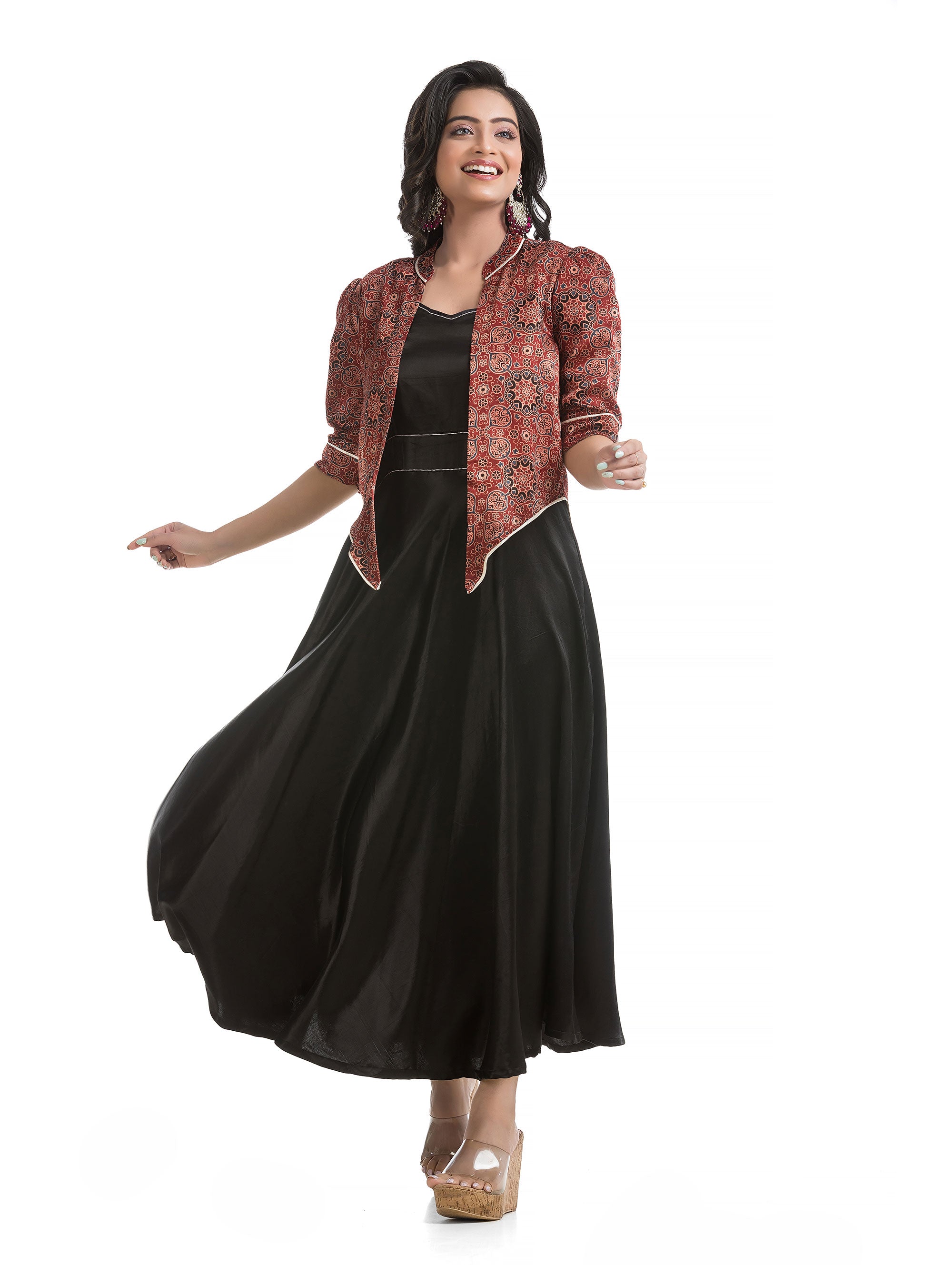 Black Zipper Silk Dress with Asymmetric Jacket