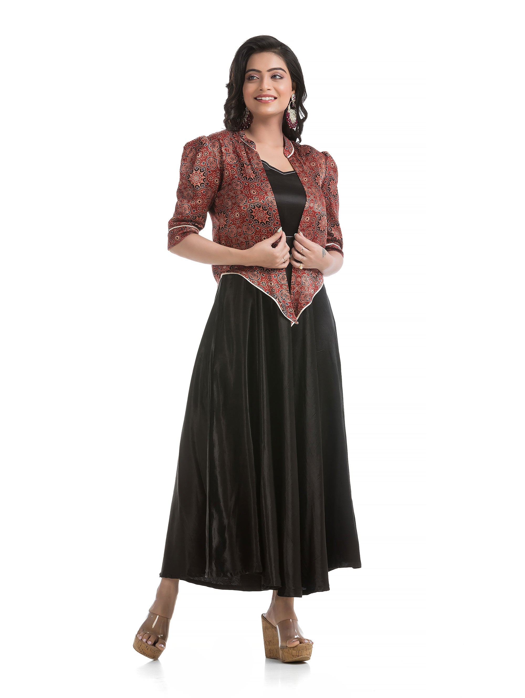 Black Zipper Silk Dress with Asymmetric Jacket