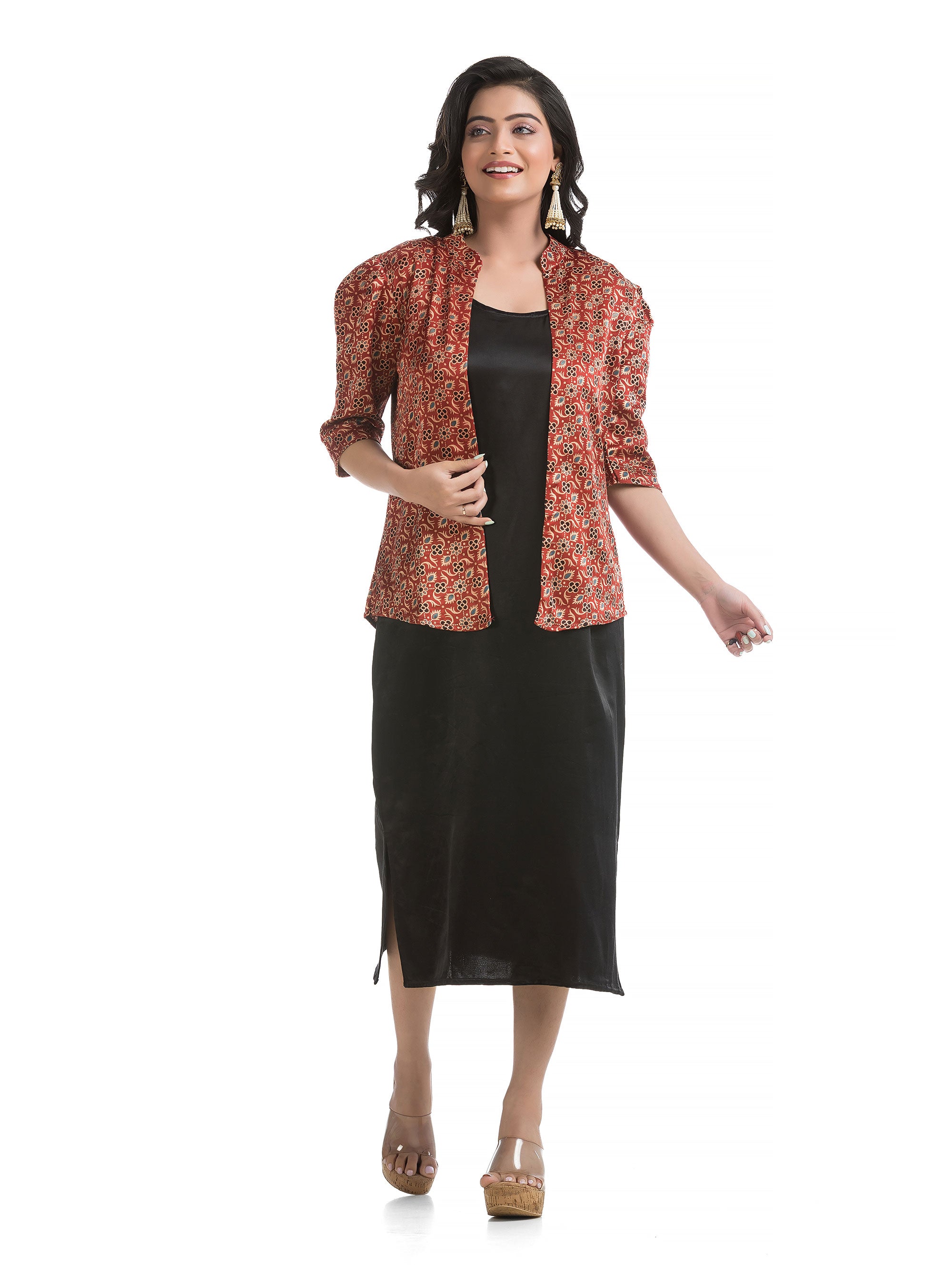 Calf Length Side Black Slit Dress with Ajrakh Printed Short Jacket