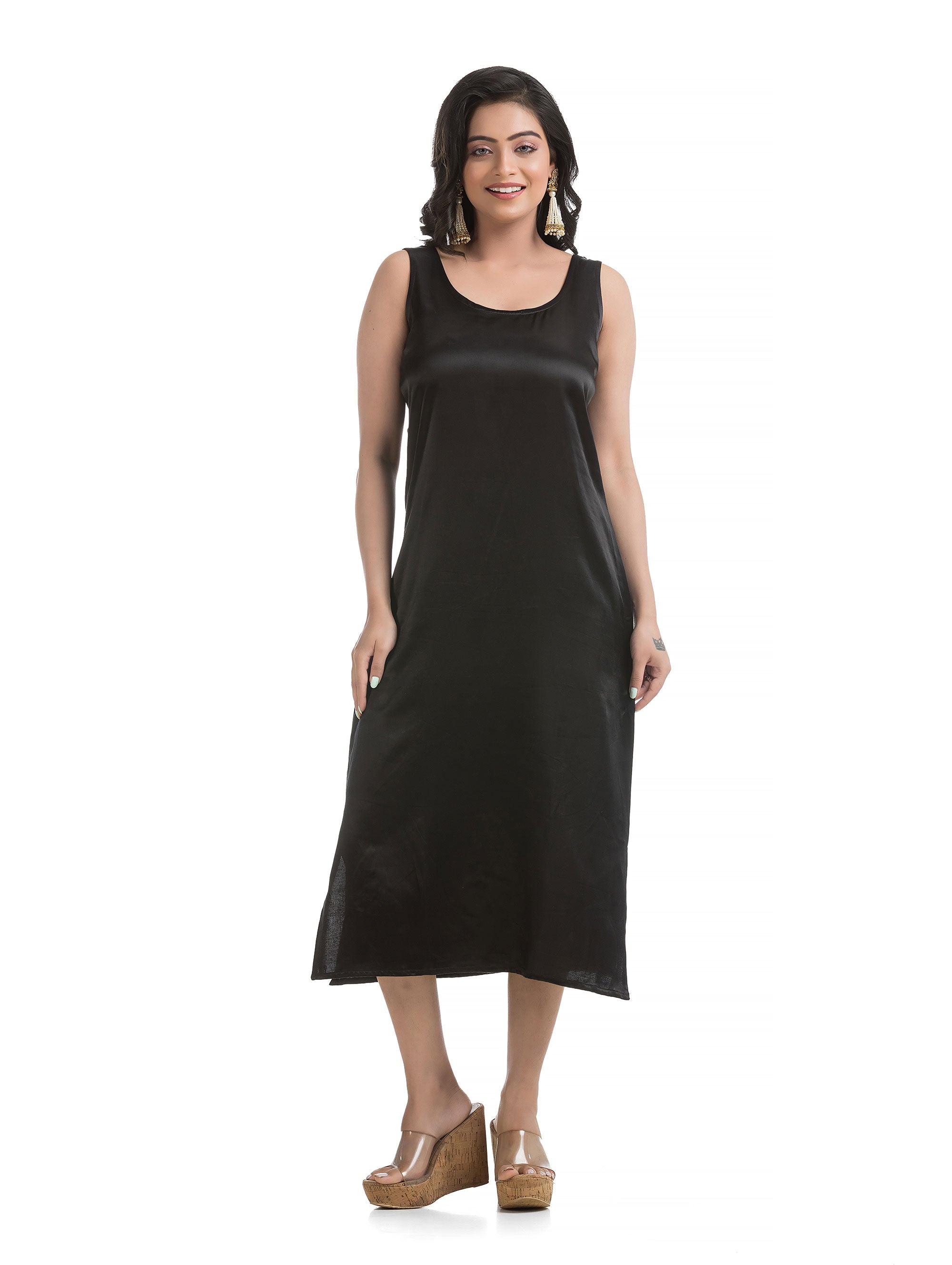 Calf Length Side Black Slit Dress with Ajrakh Printed Short Jacket