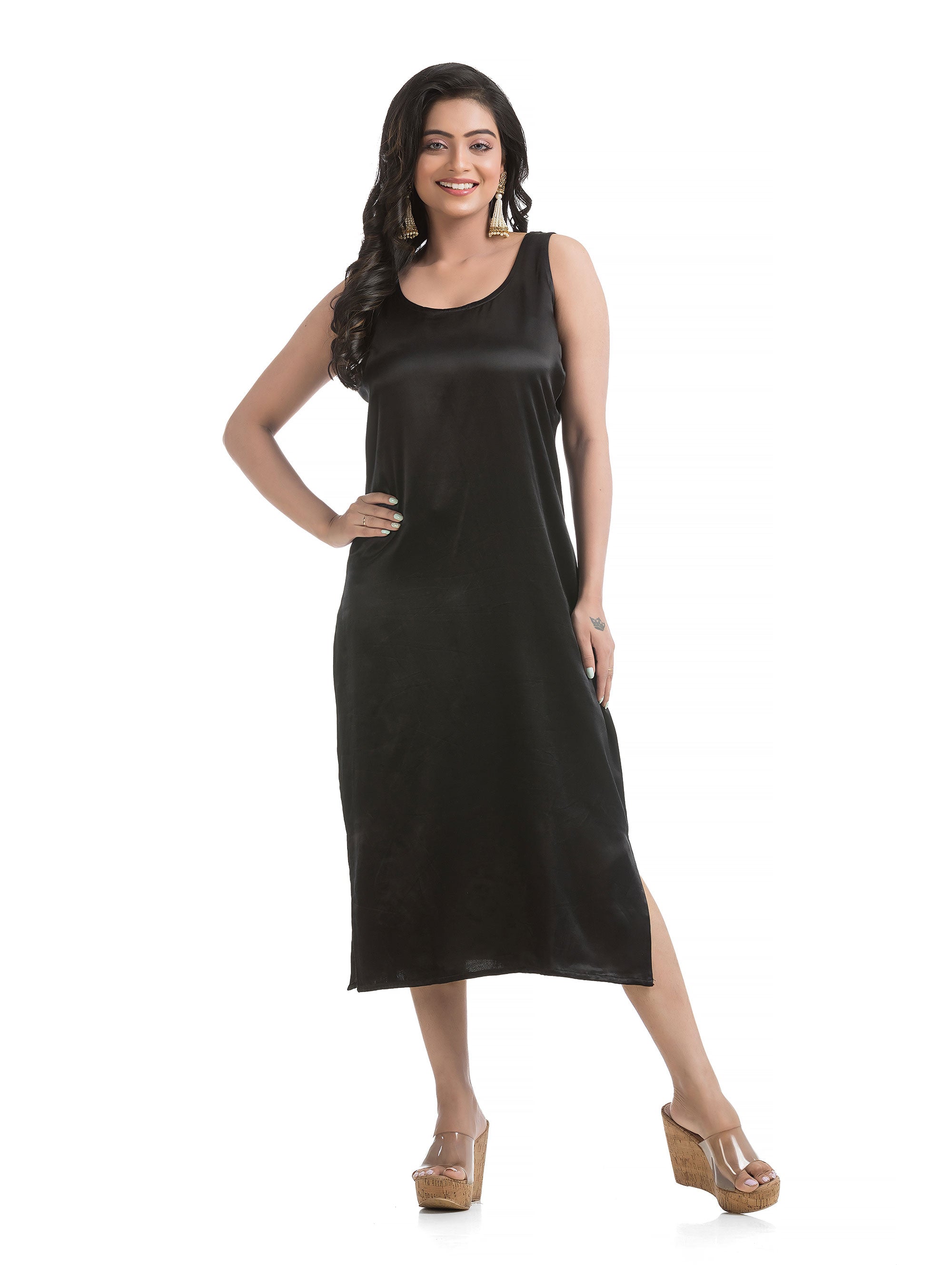 Calf Length Side Black Slit Dress with Ajrakh Printed Short Jacket