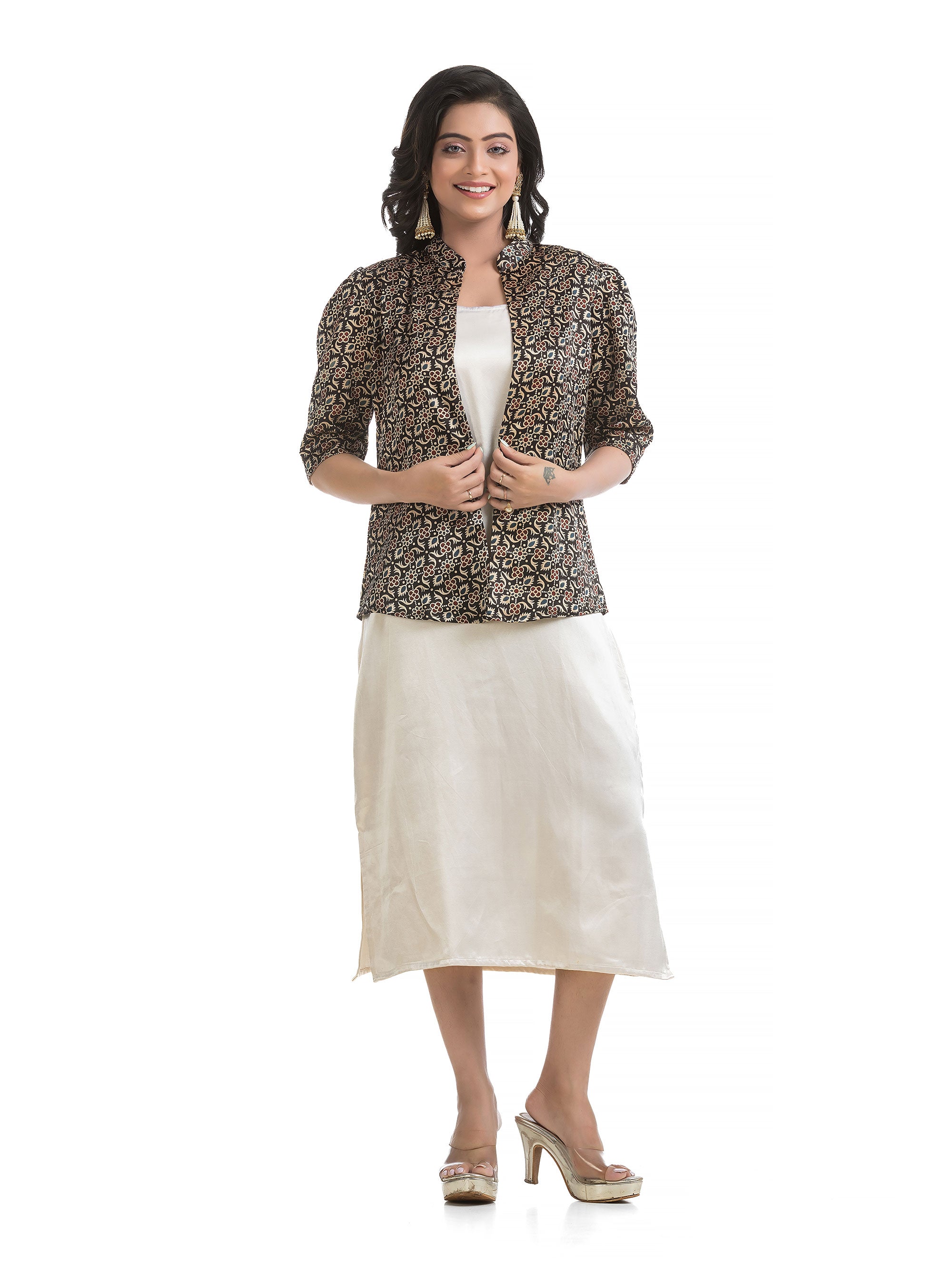 Puffed Sleeve Silk Jacket with White Silk Dress