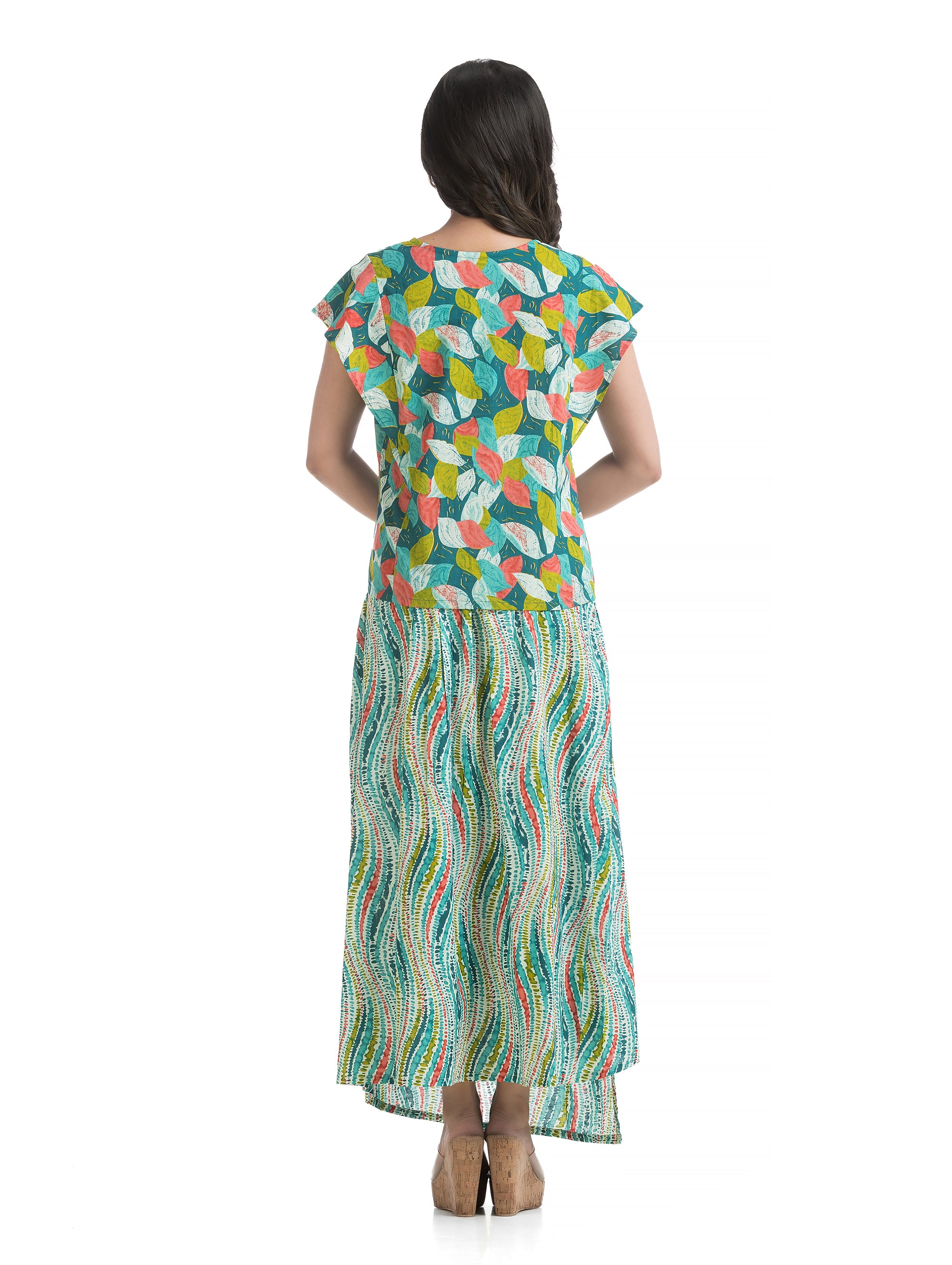 Green Leaf Printed V-Neck Top with Overlap Wavy Printed Skirt