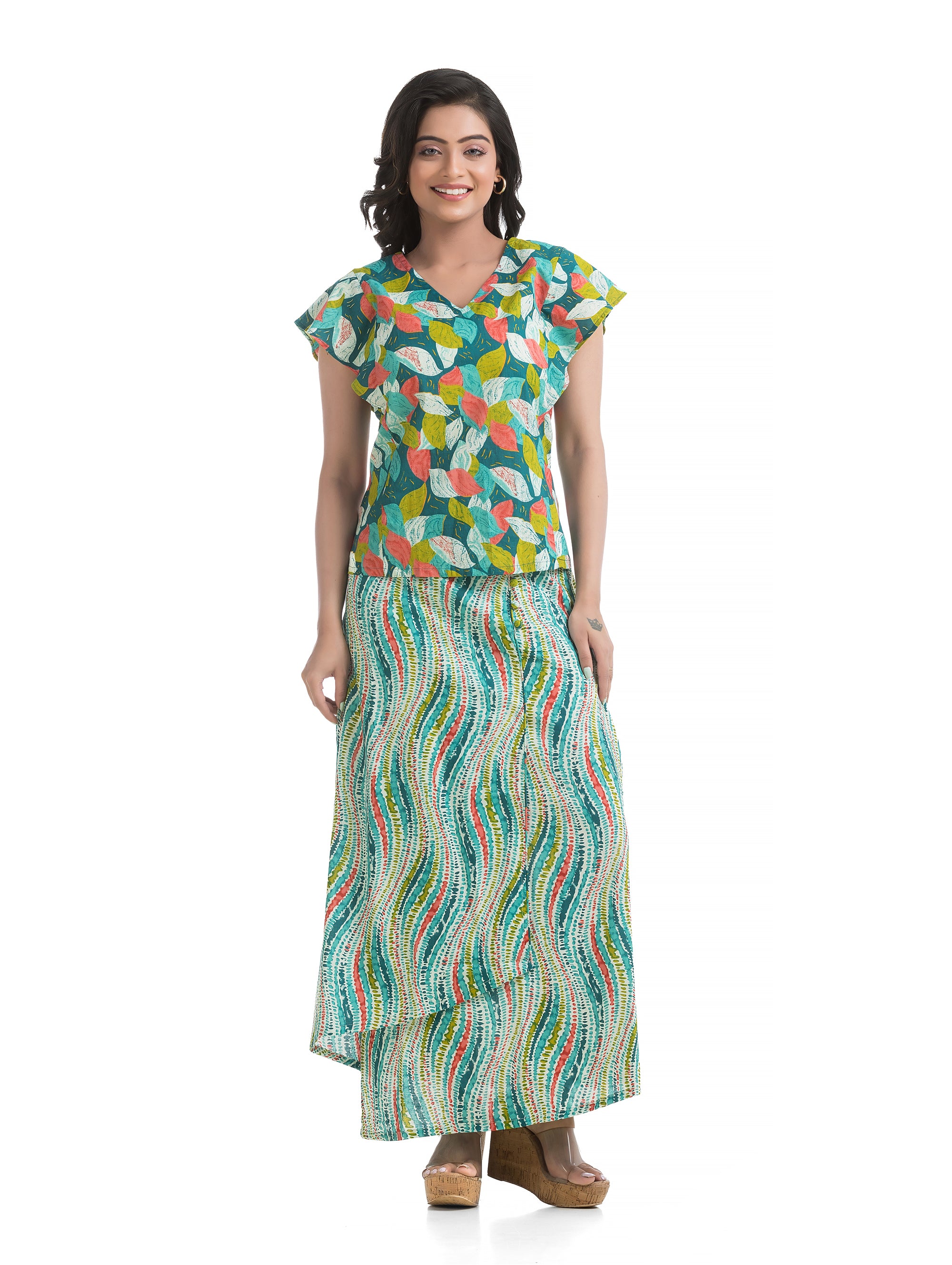 Green Leaf Printed V-Neck Top with Overlap Wavy Printed Skirt