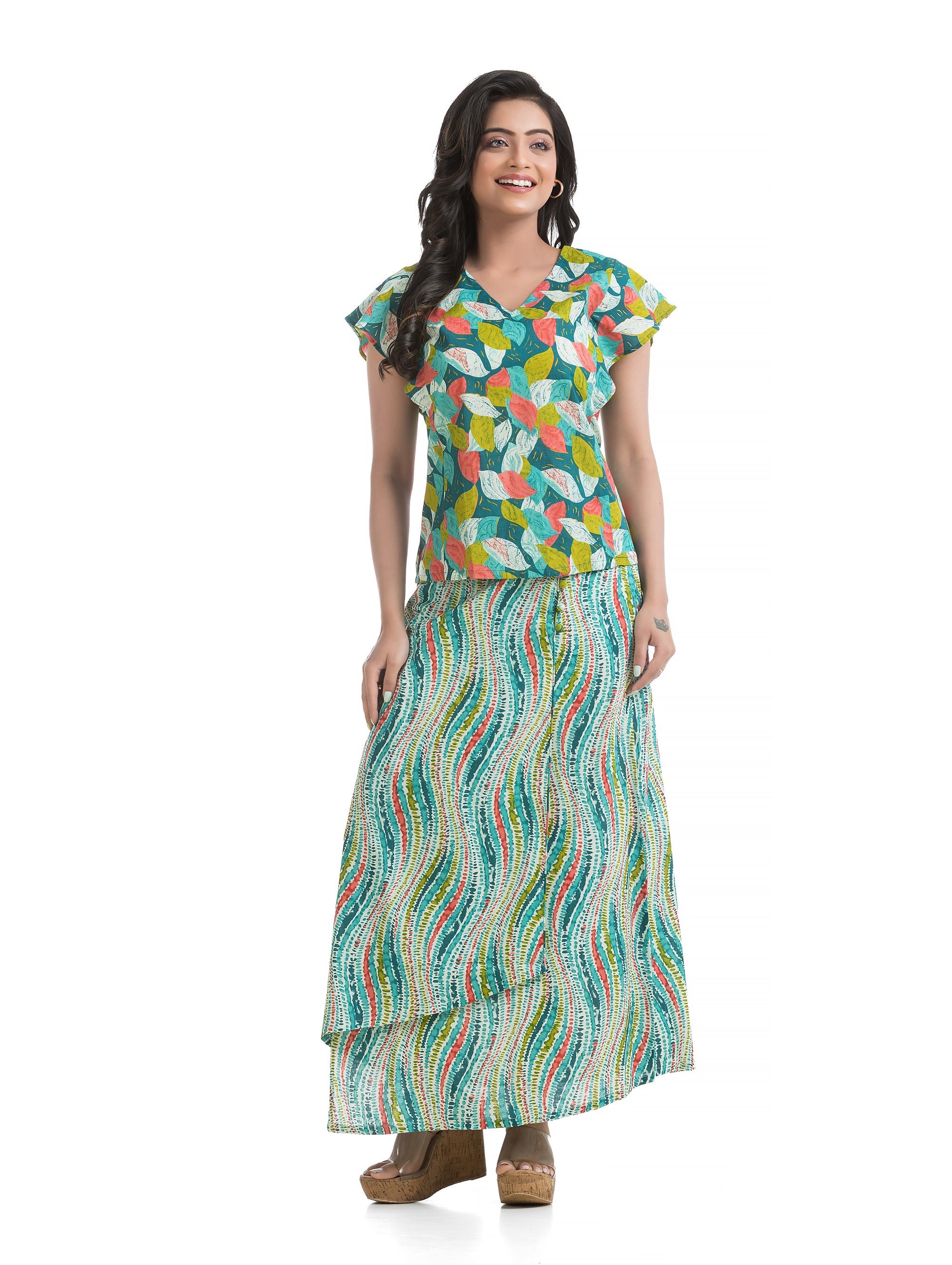 Green Leaf Printed V-Neck Top with Overlap Wavy Printed Skirt